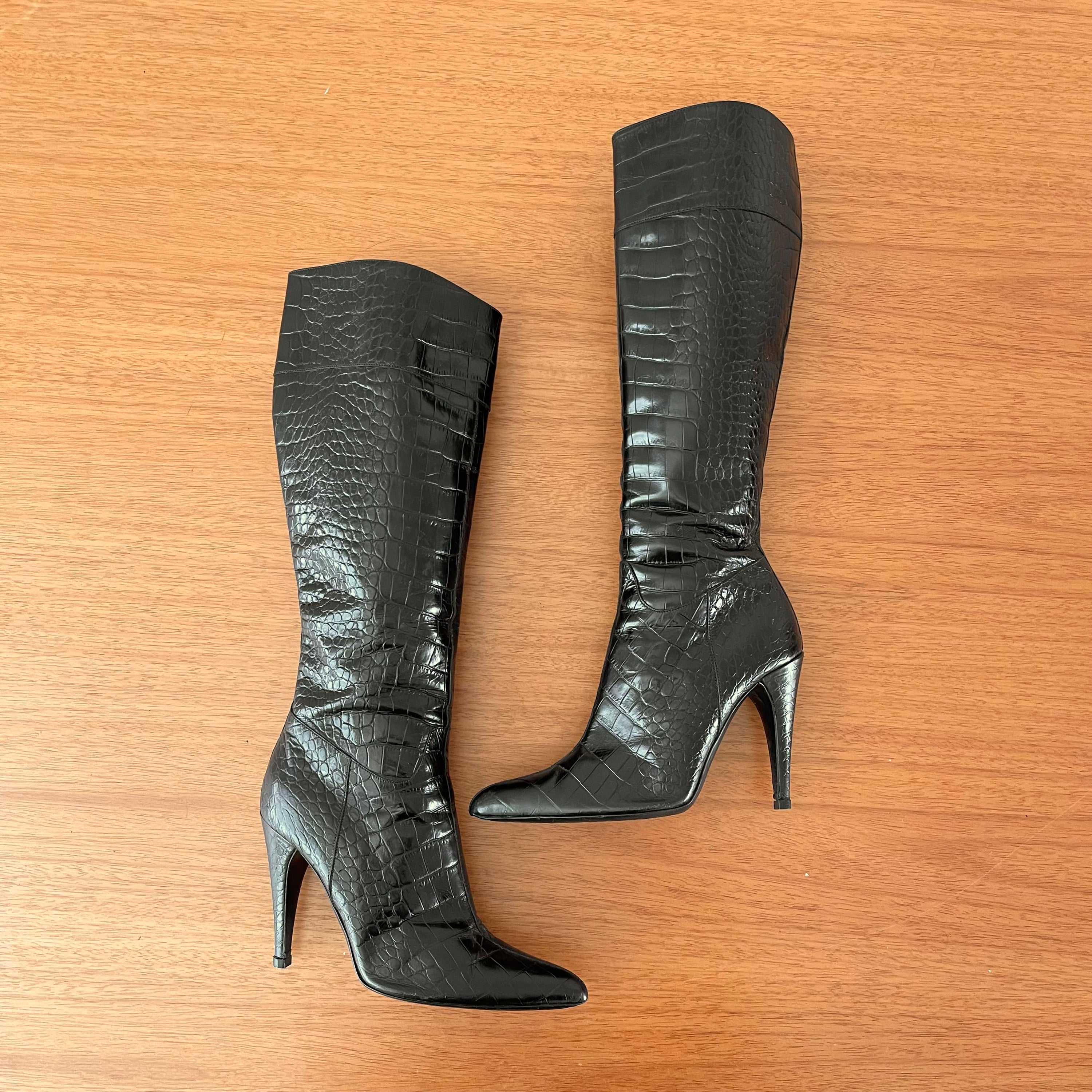 Prada Vintage Knee-High Crocodile Black Leather Boots