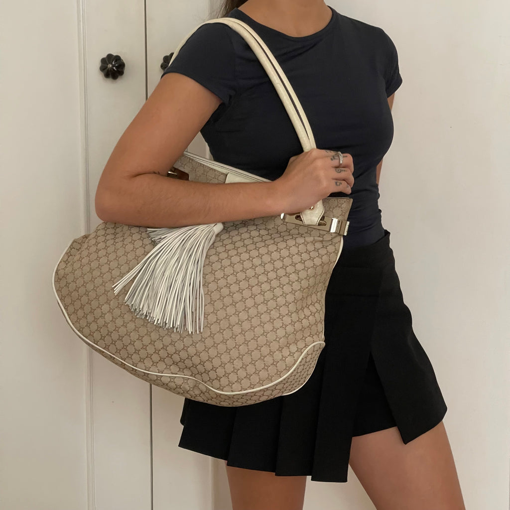 Céline Ivory Monogram Canvas Leather Tassel Bag