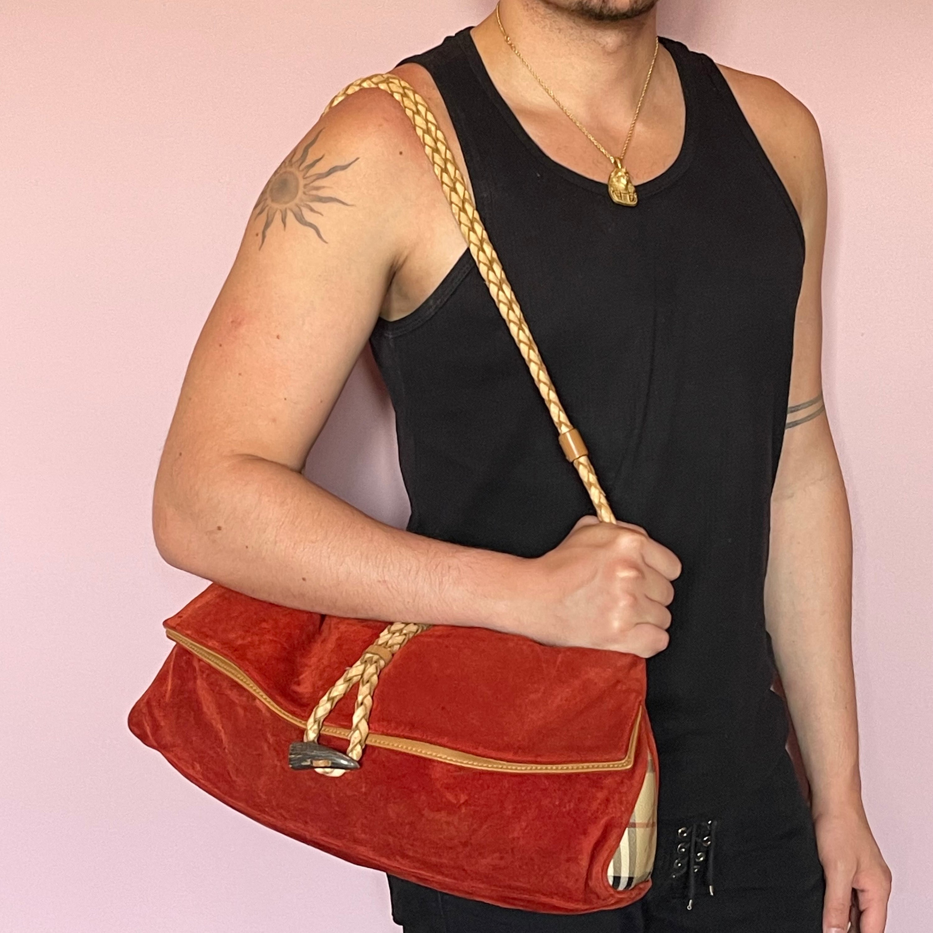 Burberry Vintage Nova Check Suede Shoulder Bag