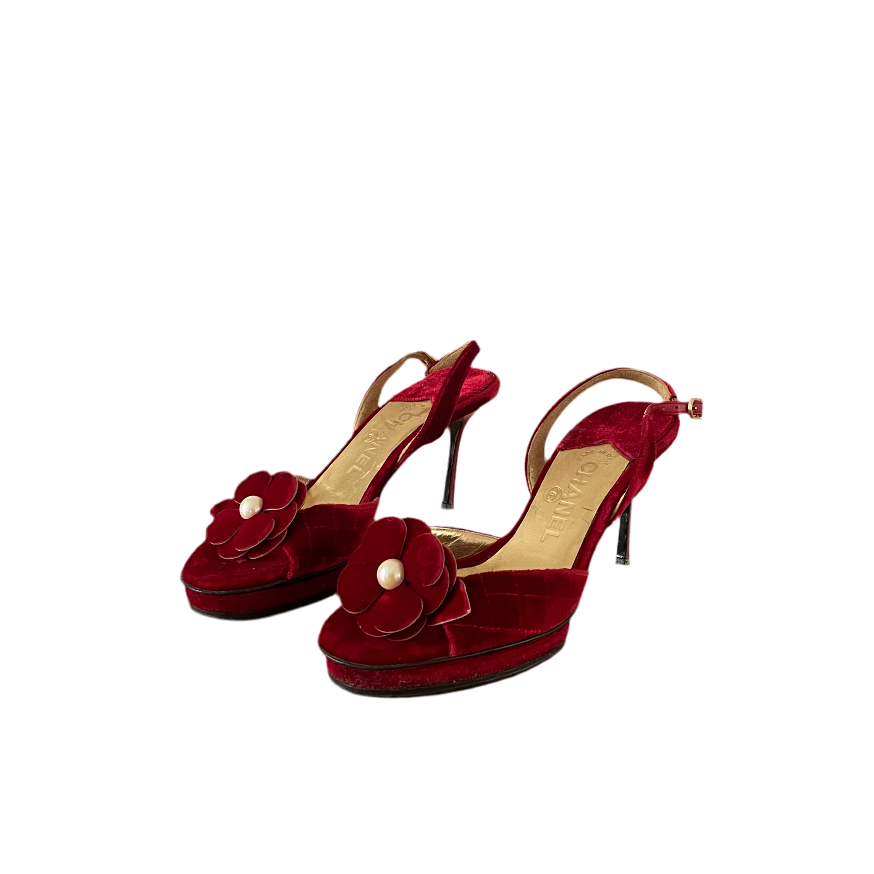 Chanel Red Floral Camellia Velvet Heels Pearl Toe