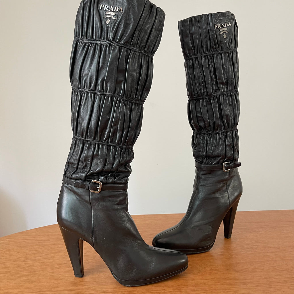 Prada Gaufre Black Leather Knee High Heeled Boots