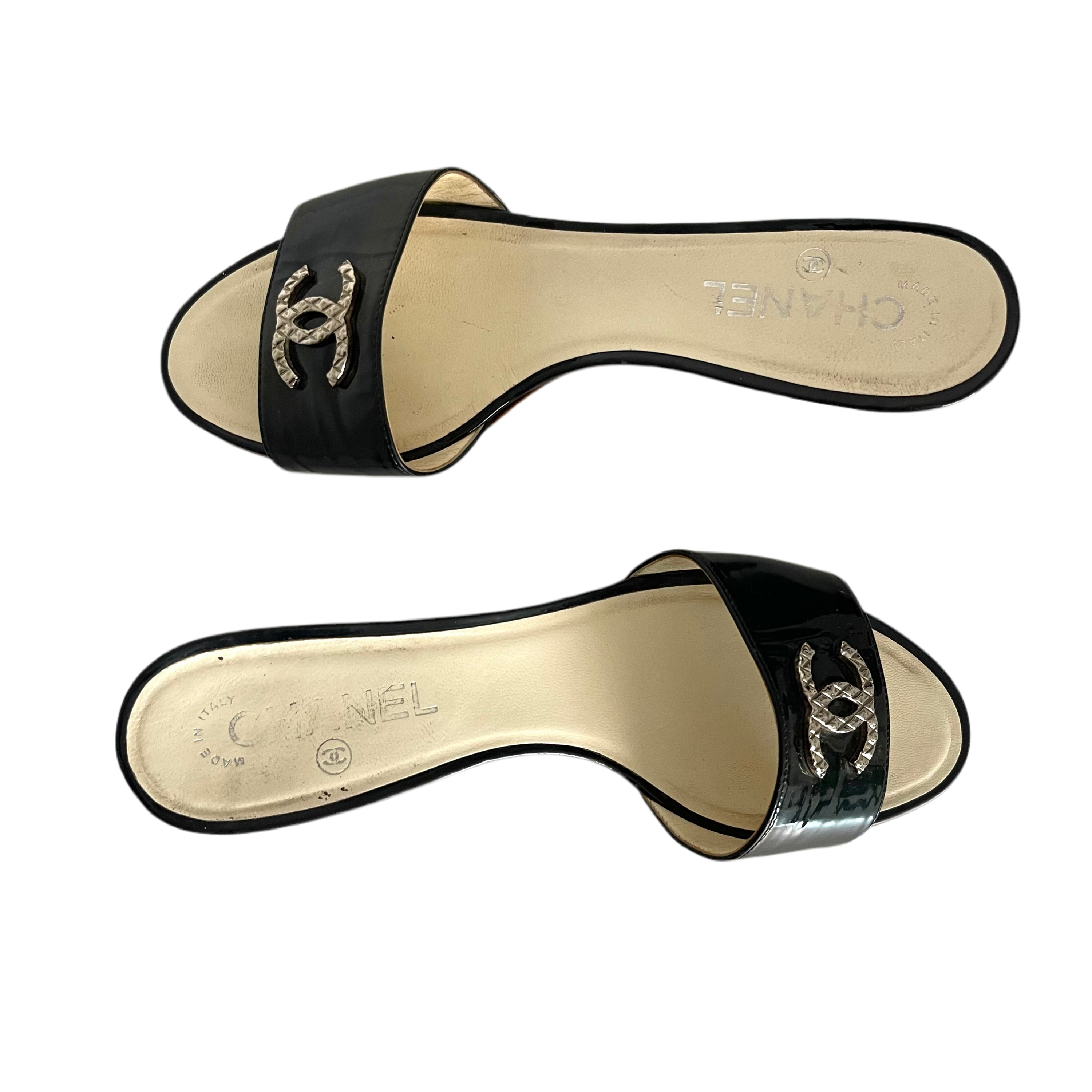 Chanel Patent Leather Logo Sandals