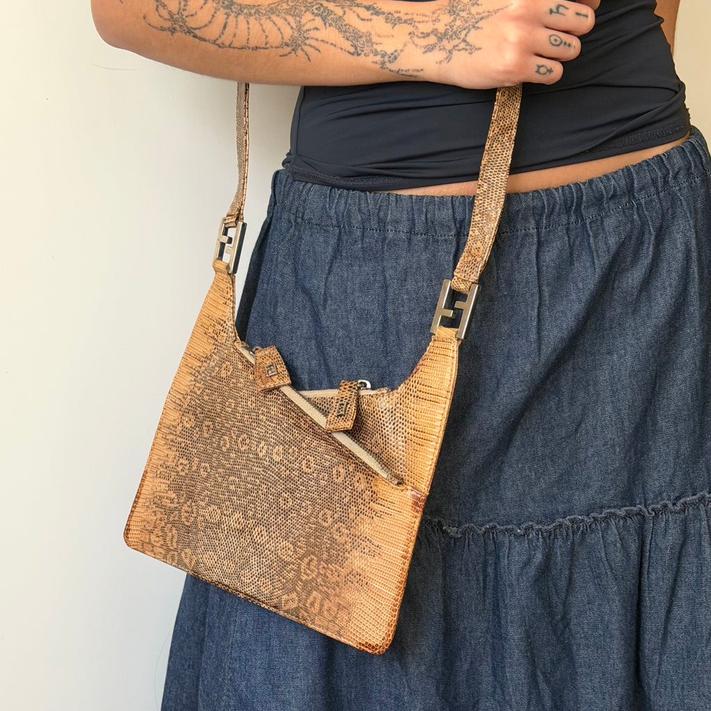 Fendi Brown Lizard Embossed Leather Shoulder Bag