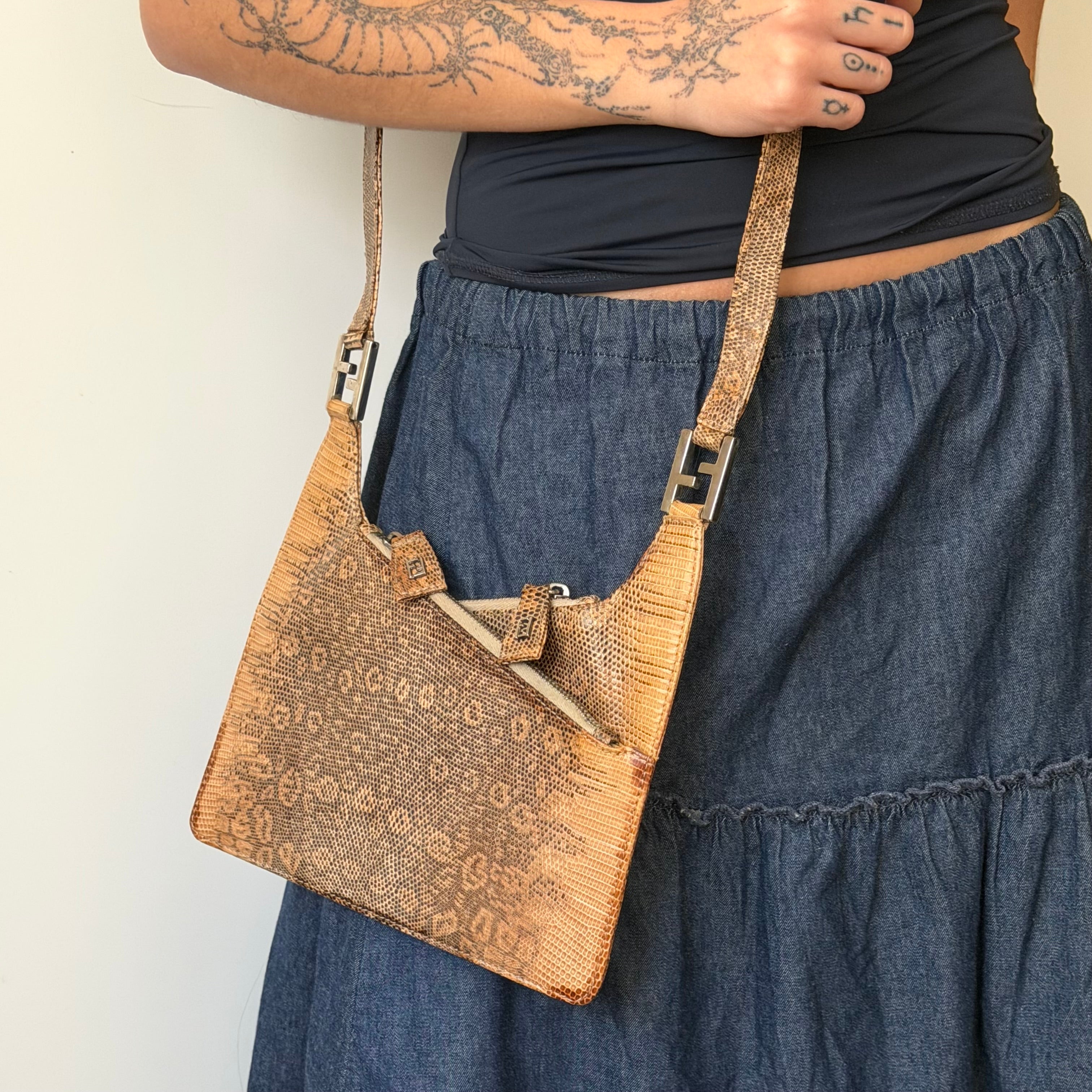 Fendi Brown Lizard Embossed Leather Shoulder Bag