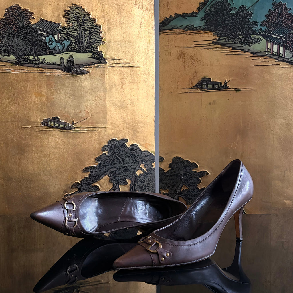 Christian Dior CD Logo Brown Leather Heels