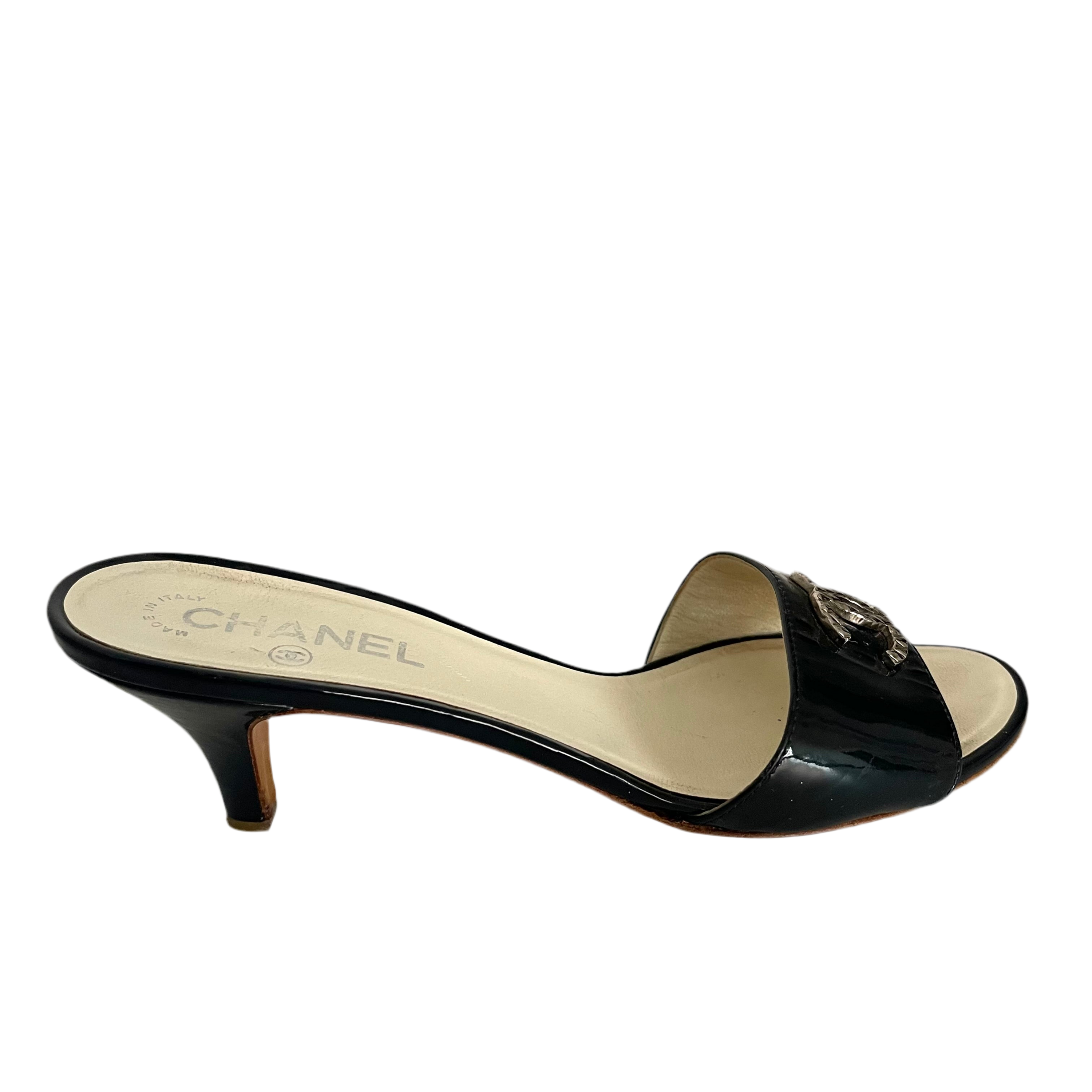 Chanel Patent Leather Logo Sandals