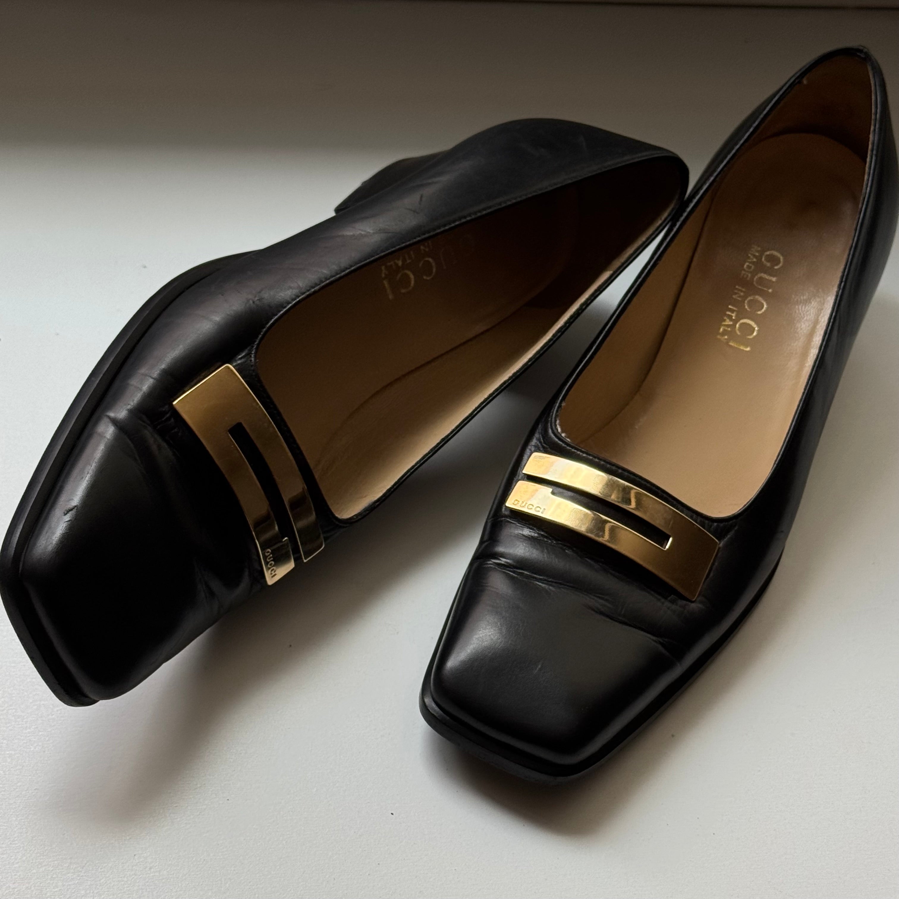 Gucci Vintage Black Leather Square-Toe Loafers