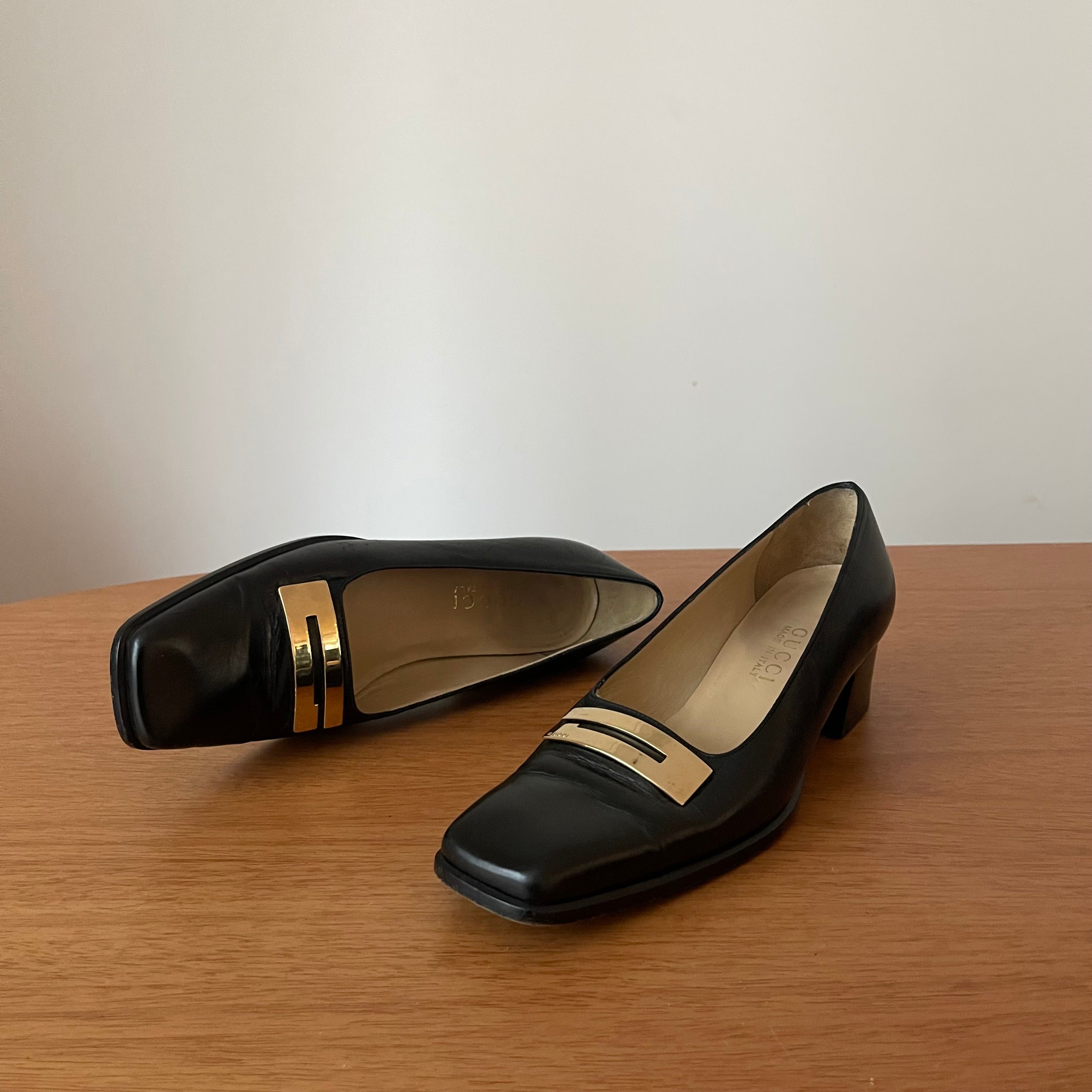 Gucci Vintage Black Leather Square-Toe Loafers