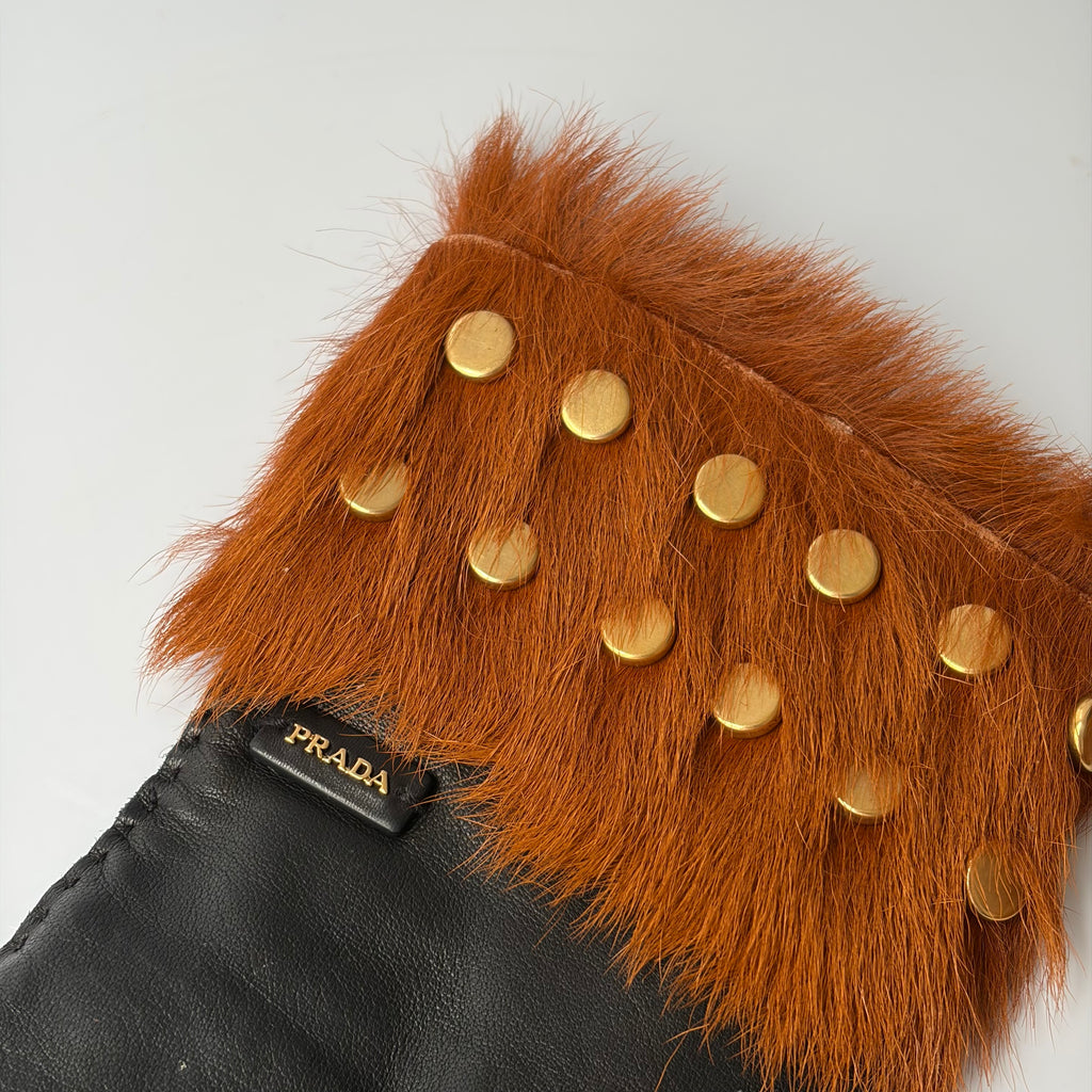 Prada Studded Fur-Cuff Leather Gloves