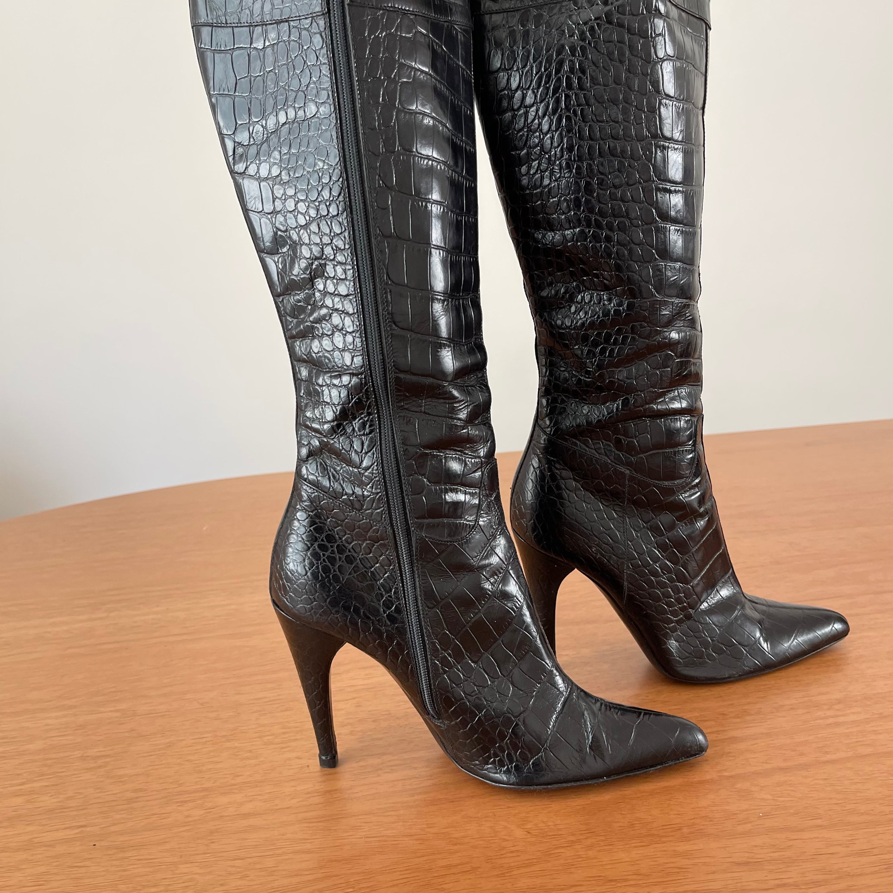 Prada Vintage Knee-High Crocodile Black Leather Boots