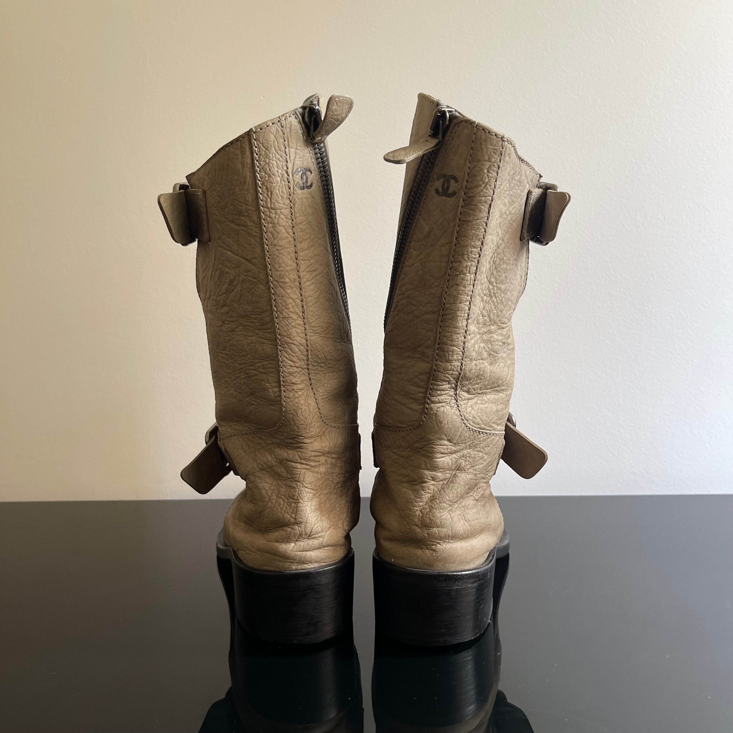 Chanel Gray Leather Biker Boots