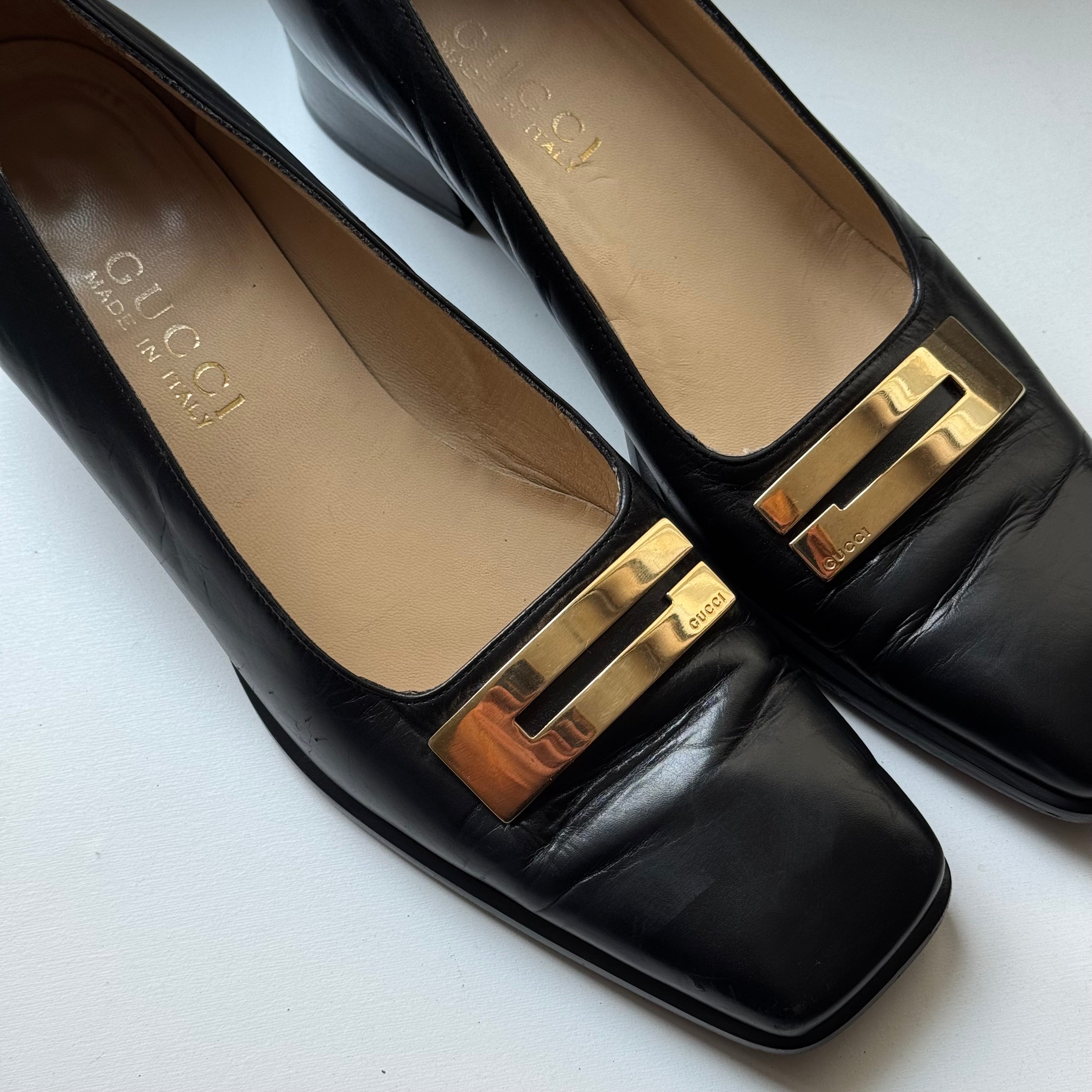 Gucci Vintage Black Leather Square-Toe Loafers