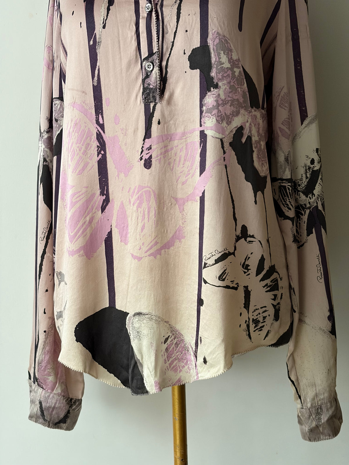 Roberto Cavalli Pink Butterfly Print Silk Shirt