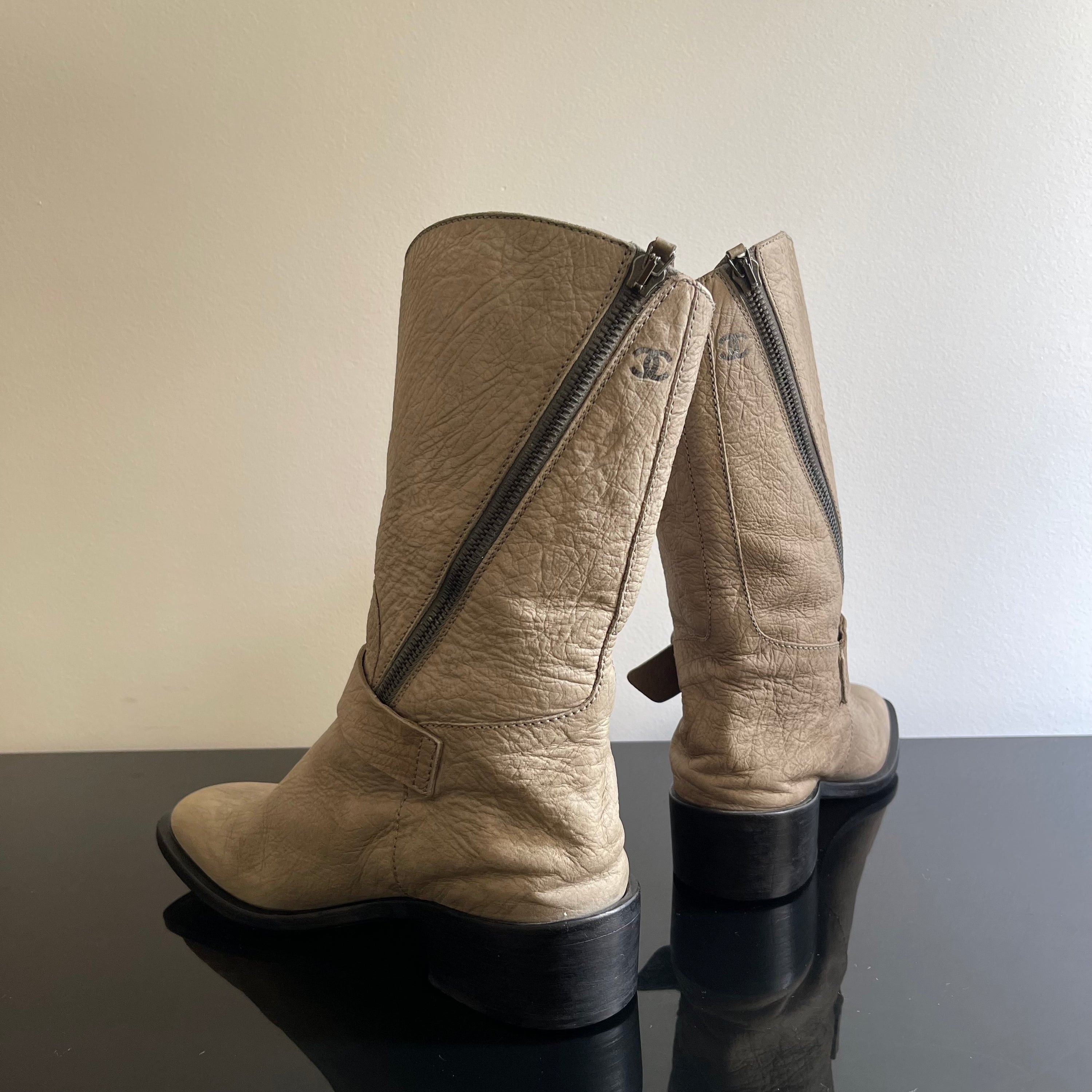 Chanel Gray Leather Biker Boots