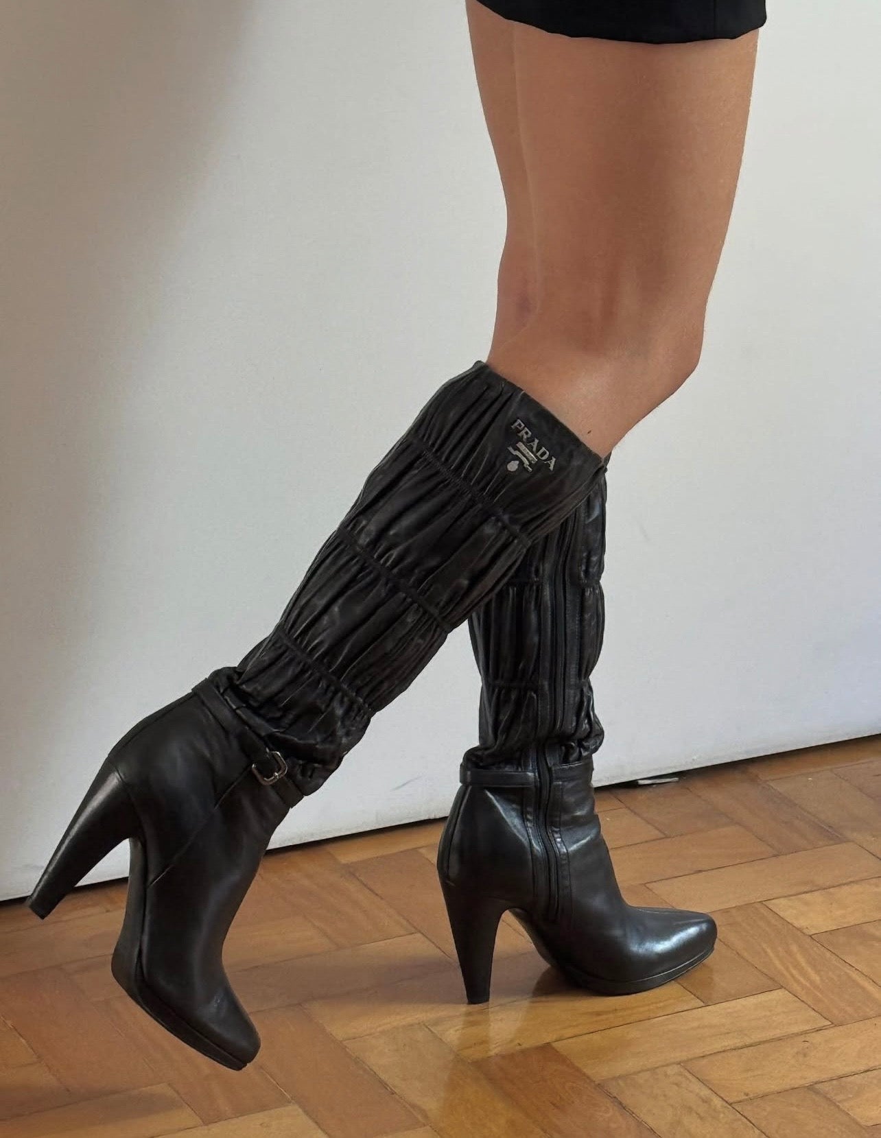 Prada Gaufre Black Leather Knee High Heeled Boots