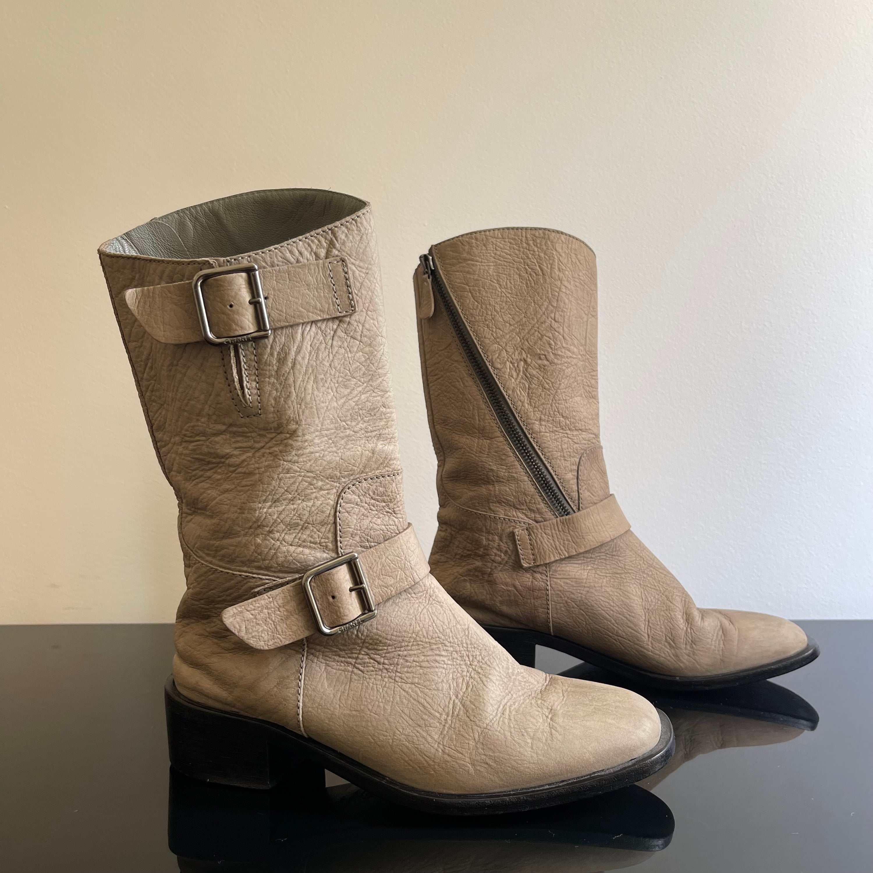 Chanel Gray Leather Biker Boots