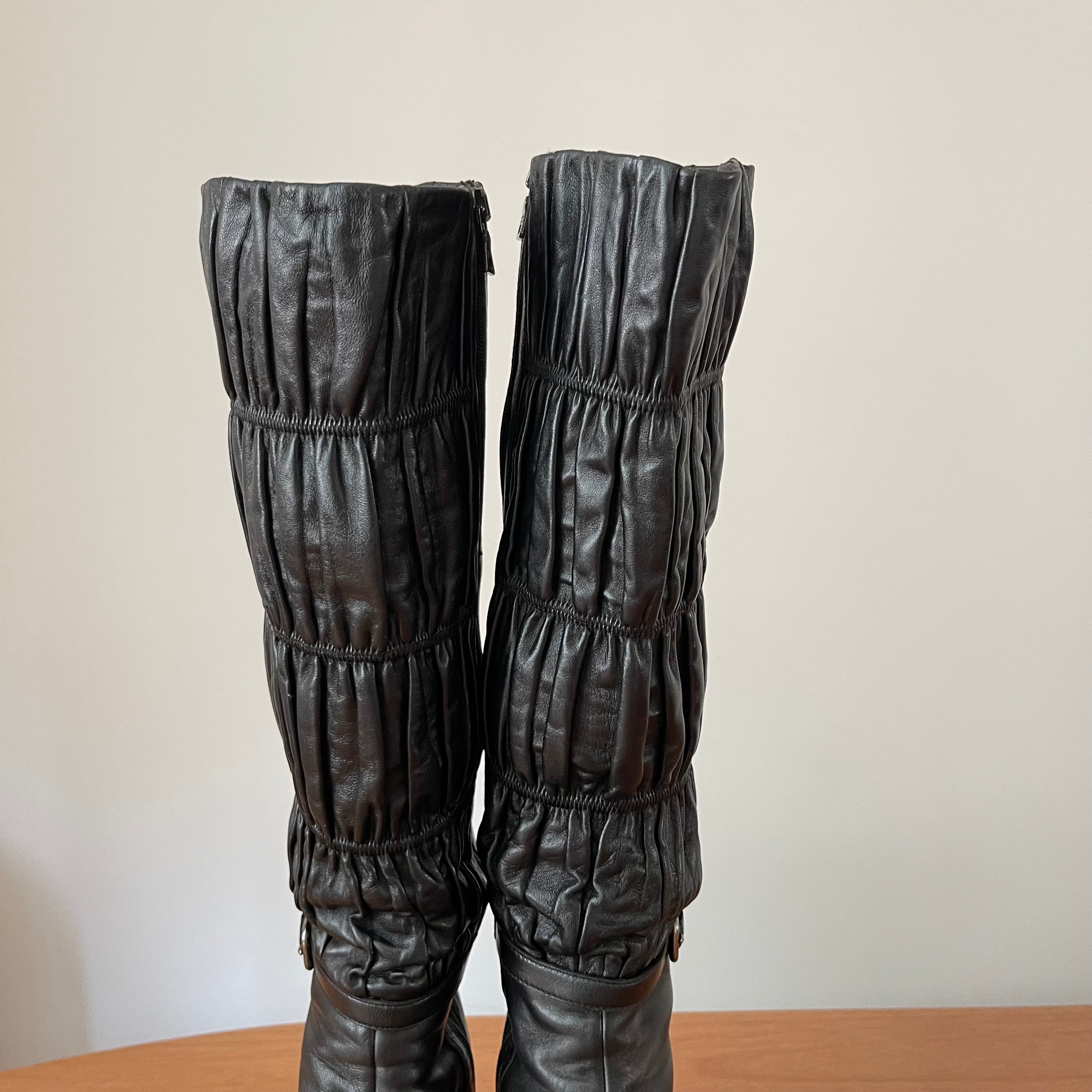 Prada Gaufre Black Leather Knee High Heeled Boots