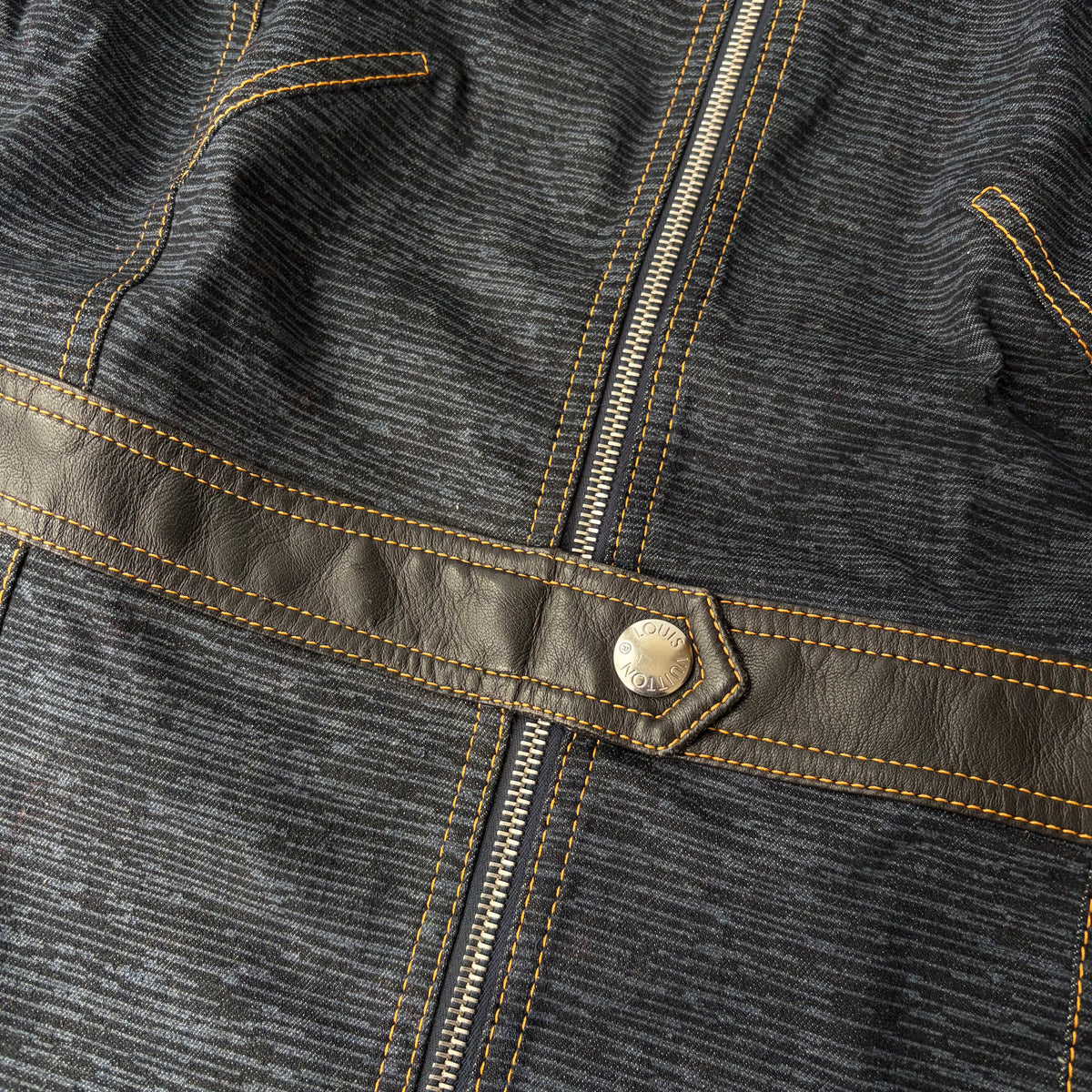 Louis Vuitton 2014 Blue Denim Leather Logo Zip Dress