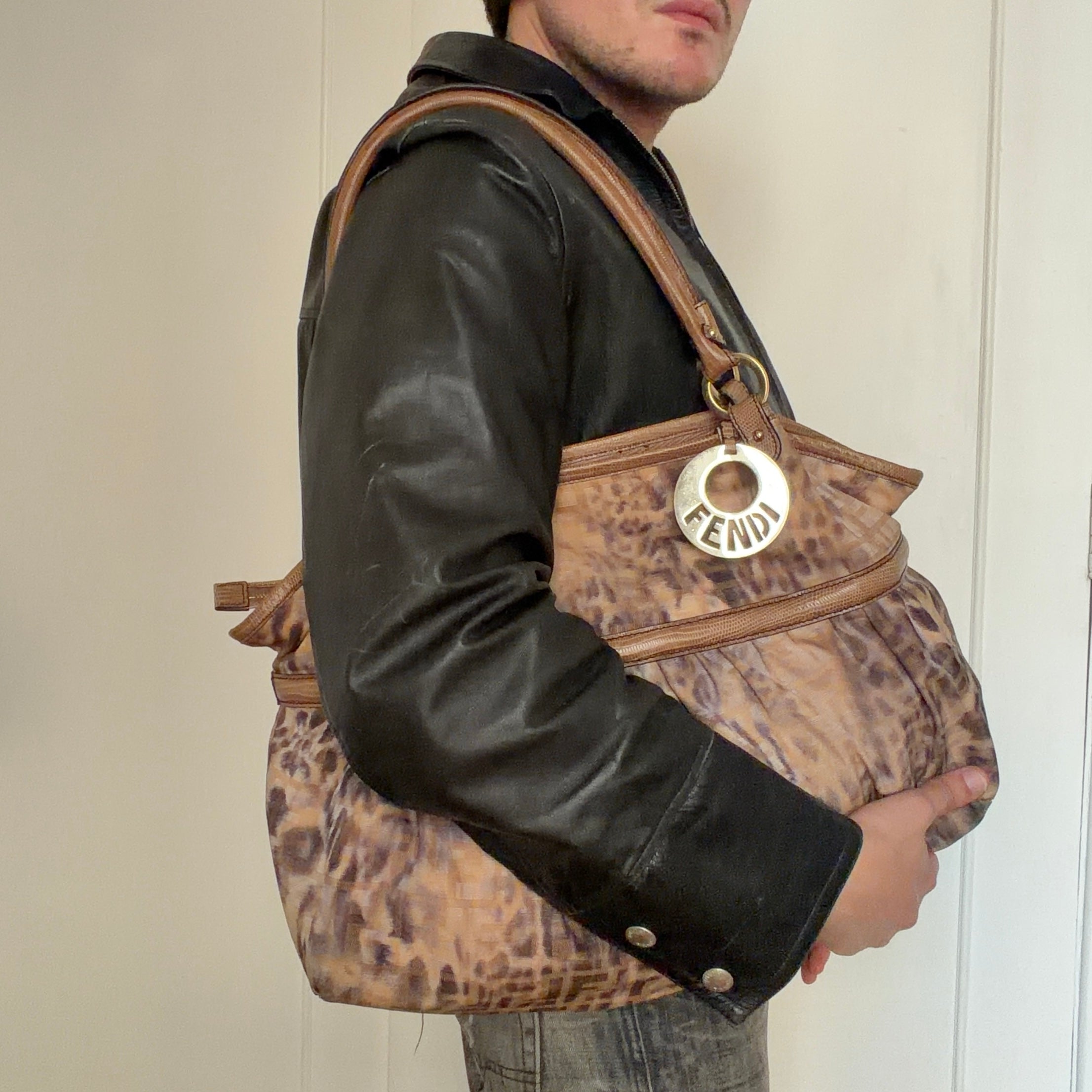 Fendi 2000s Large Lizard-Trimmed Zucca Chef Tote
