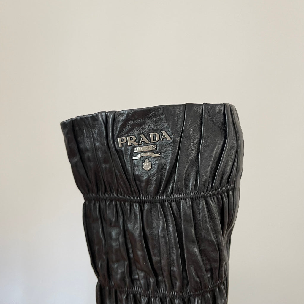 Prada Gaufre Black Leather Knee High Heeled Boots