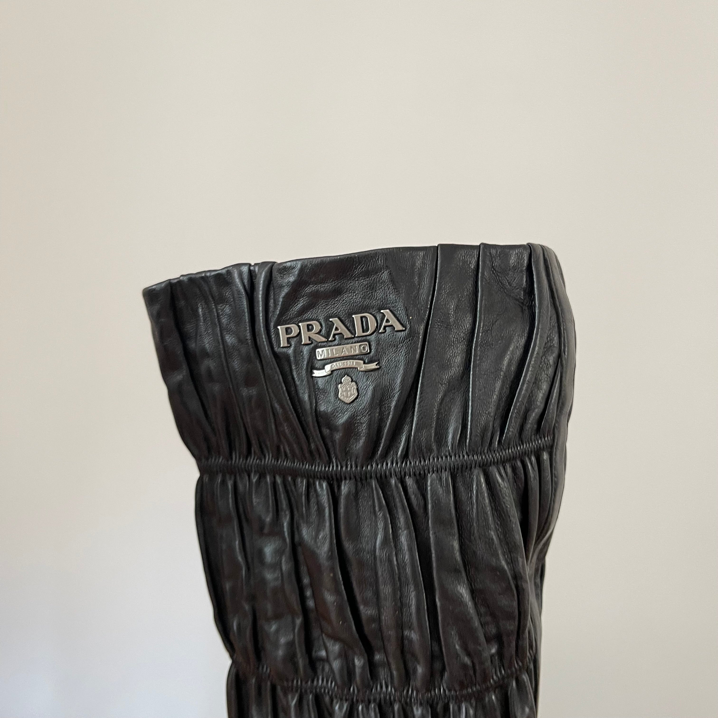 Prada Gaufre Black Leather Knee High Heeled Boots