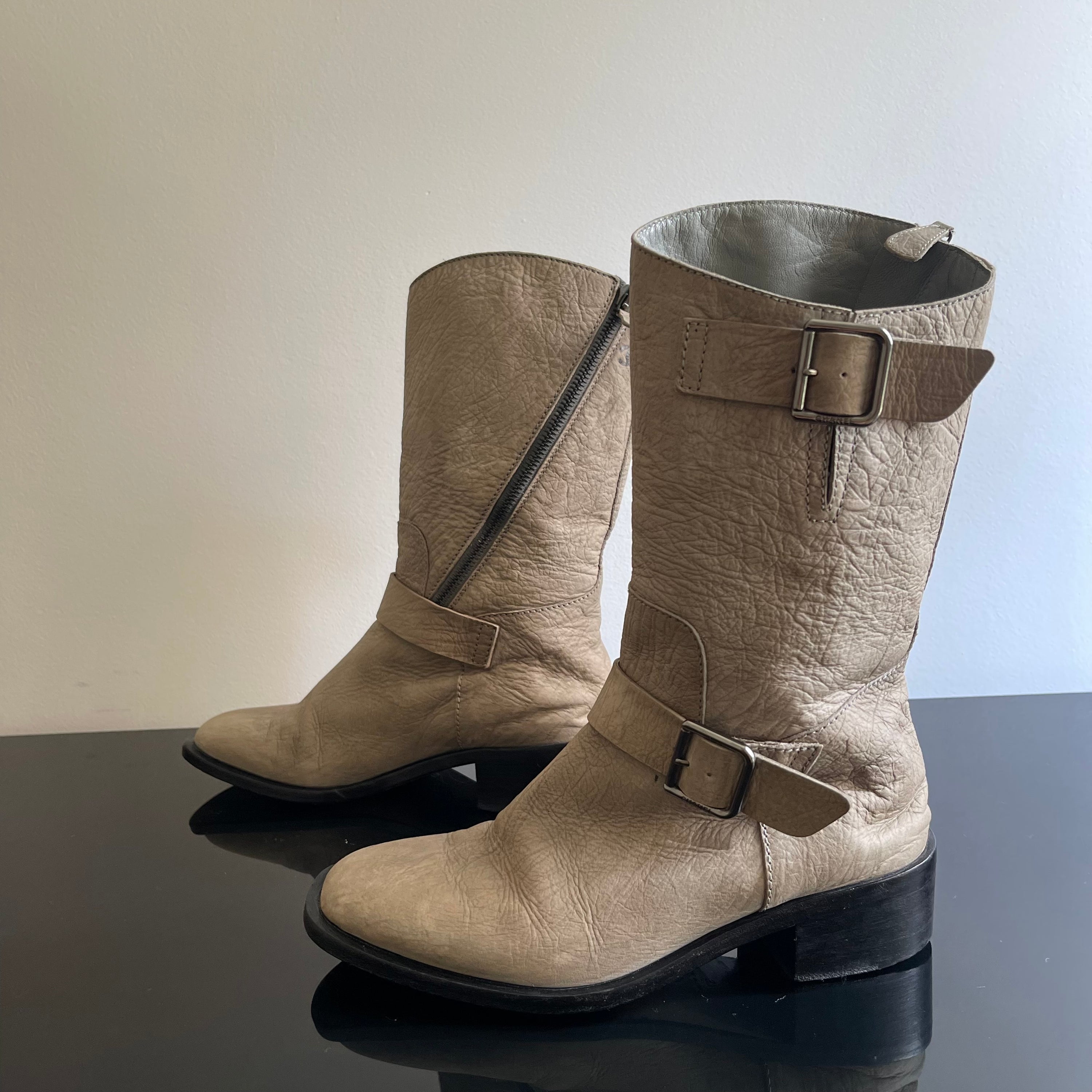 Chanel Gray Leather Biker Boots