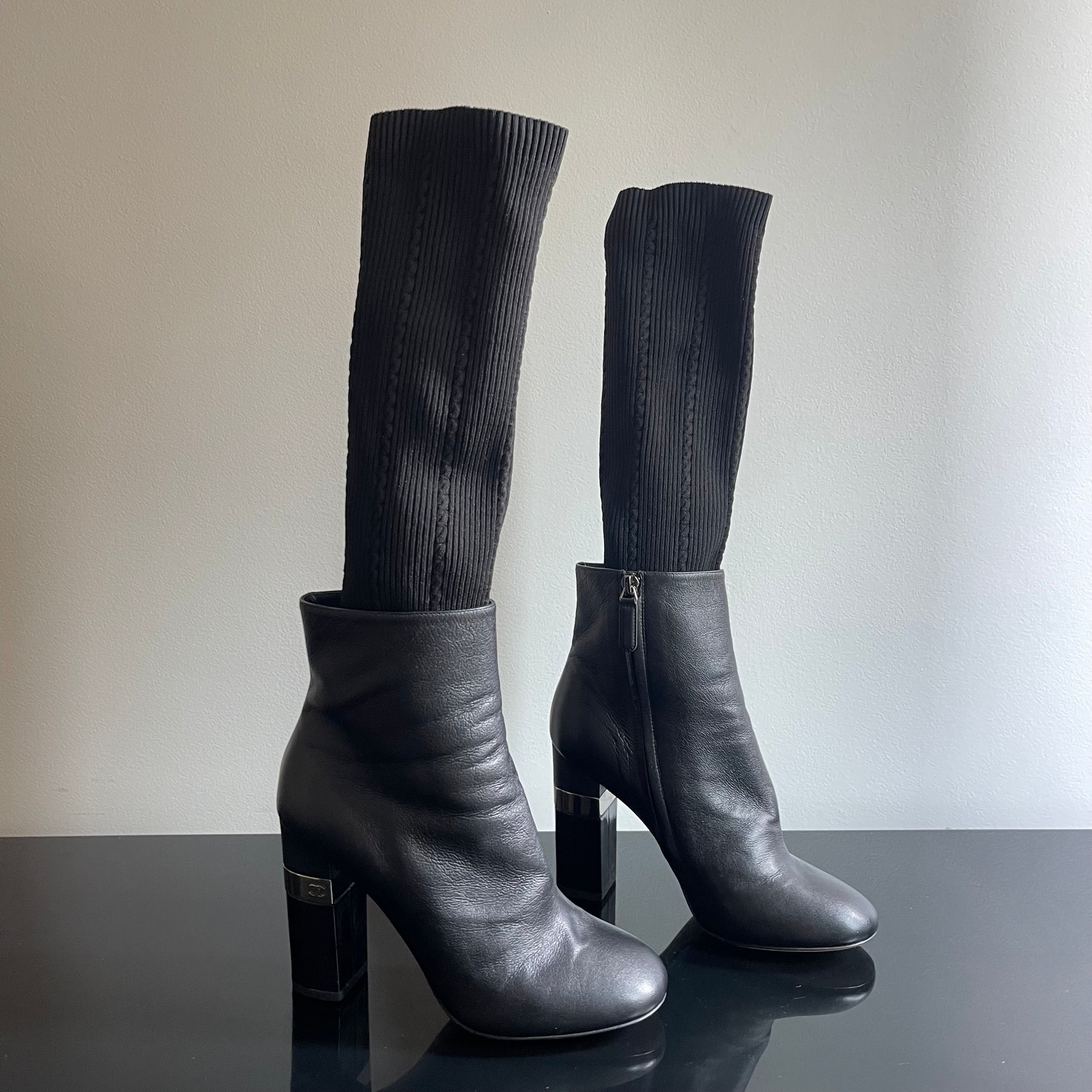 Chanel Black Leather Ankle Sock Boots