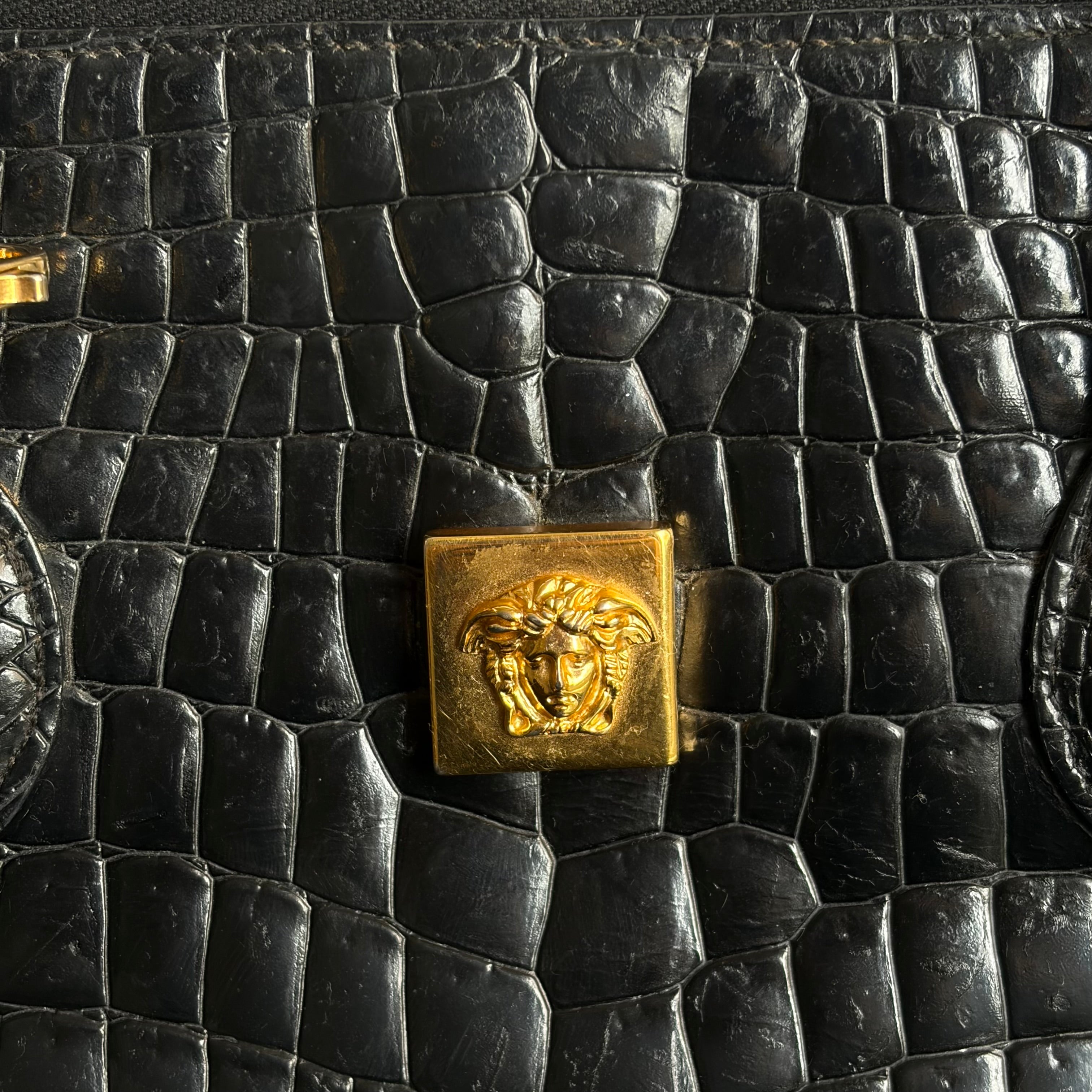 Gianni Versace 90s Crocodile-Embossed Top Handle Bag