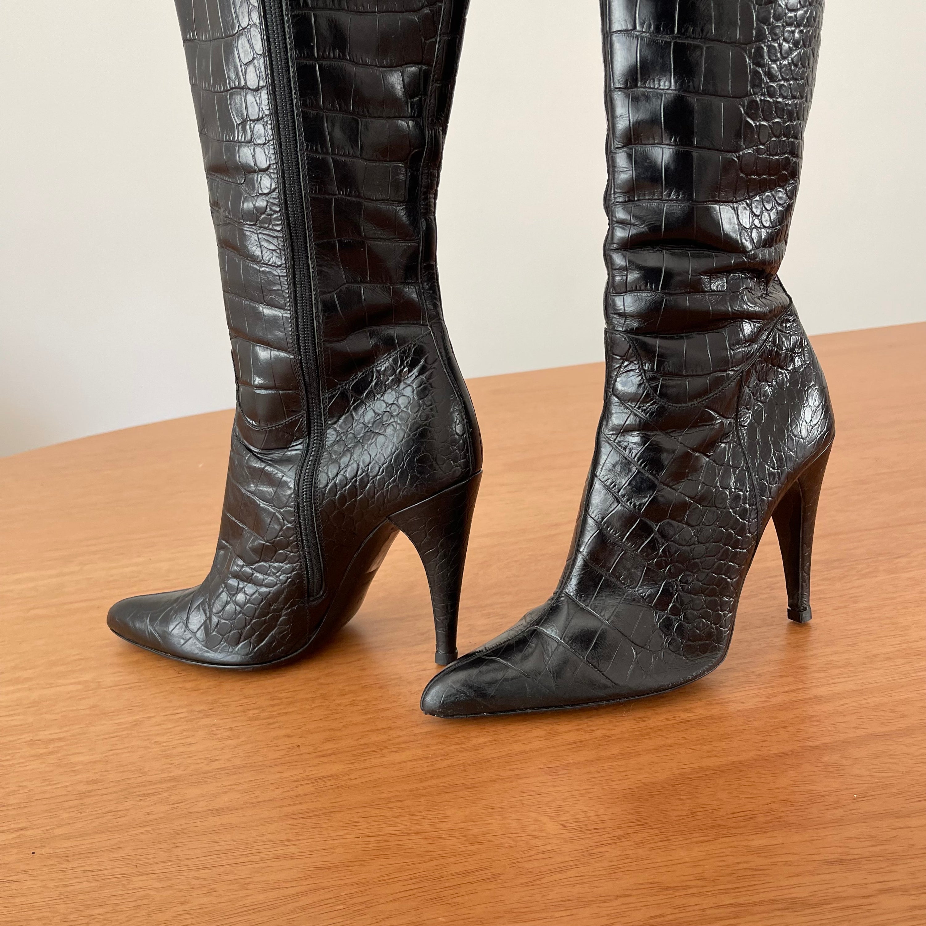 Prada Vintage Knee-High Crocodile Black Leather Boots