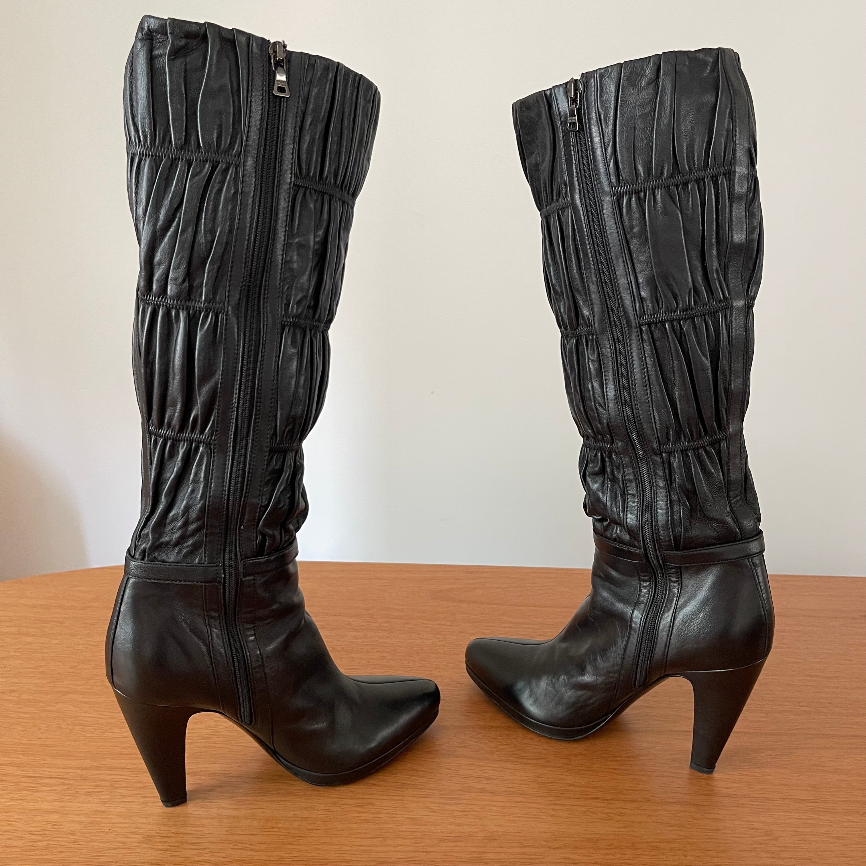 Prada Gaufre Black Leather Knee High Heeled Boots