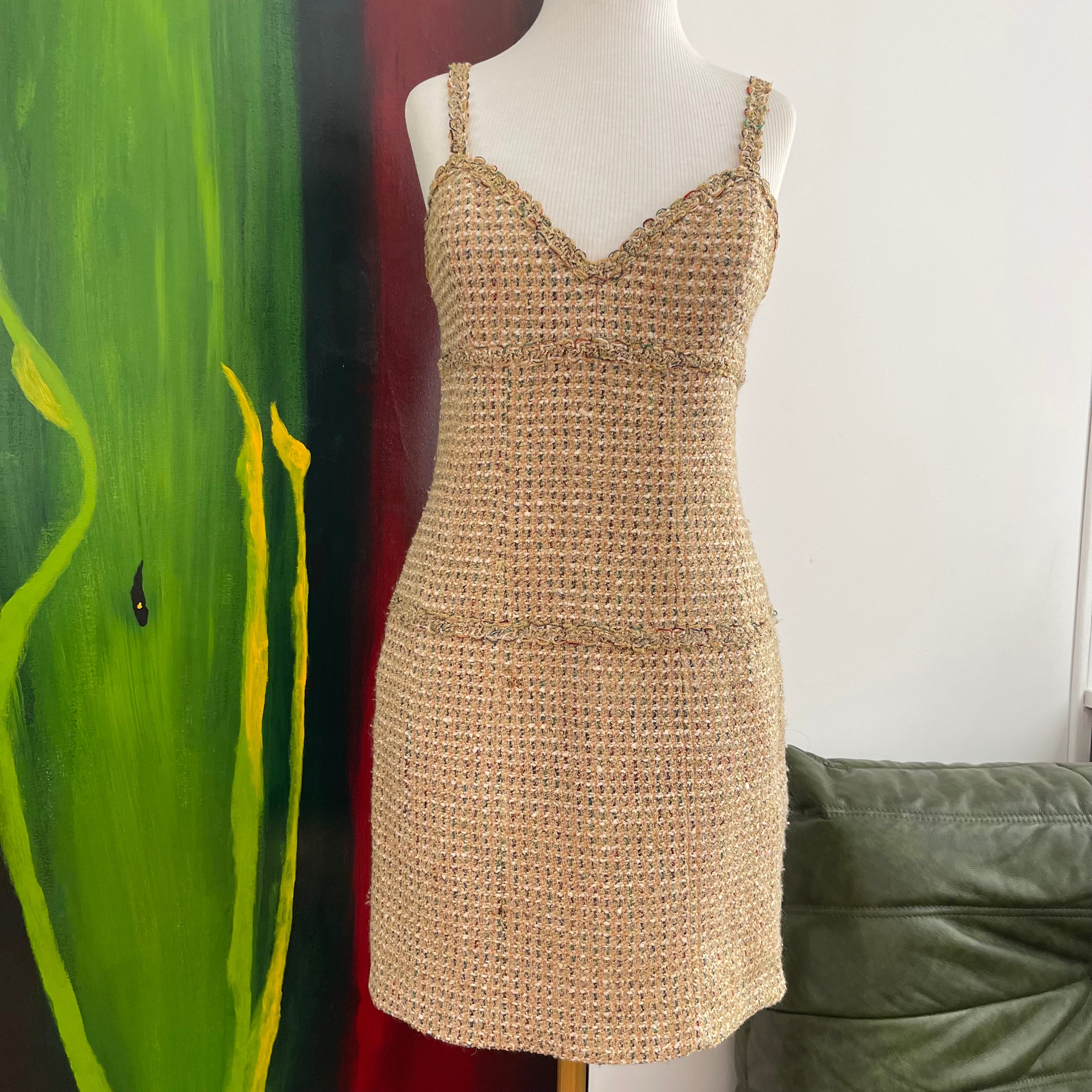 Chanel Tweed Gold Mini Dress Spring 1994