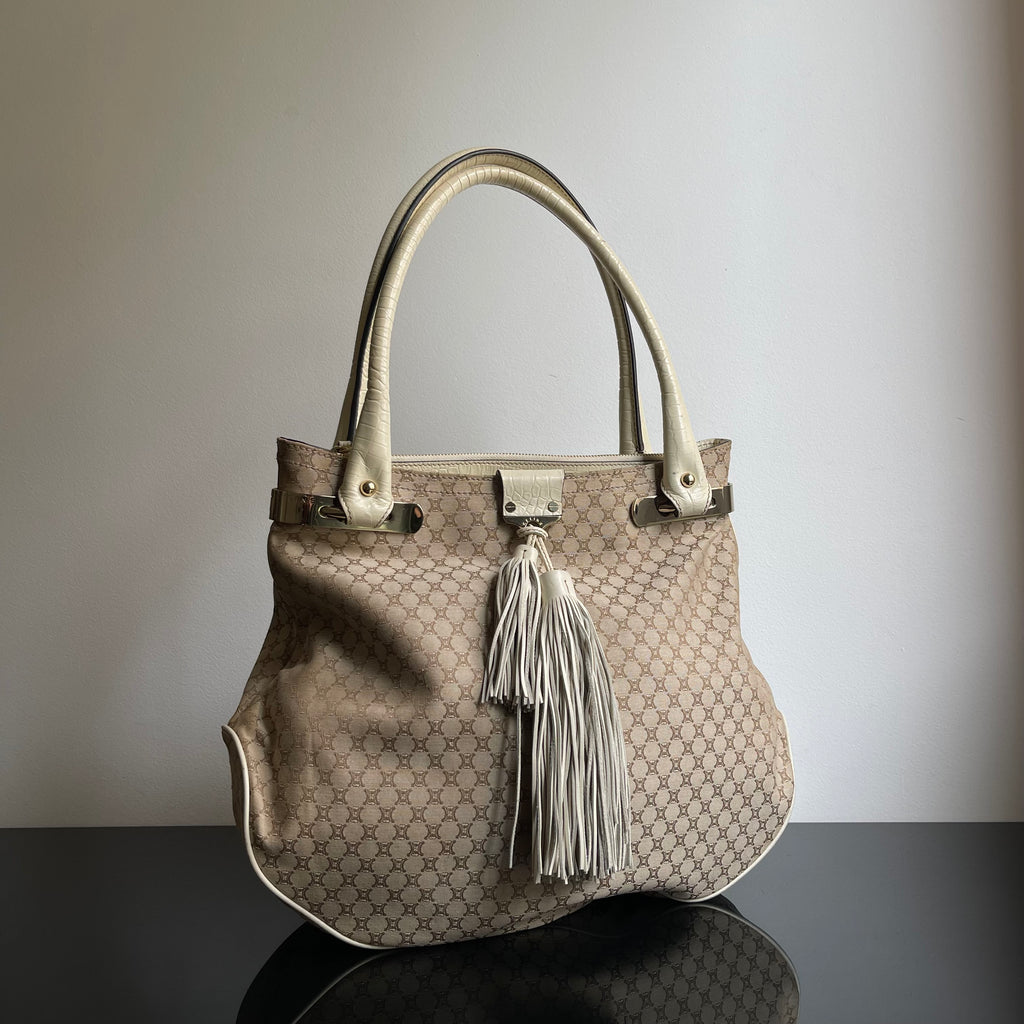 Céline Ivory Monogram Canvas Leather Tassel Bag
