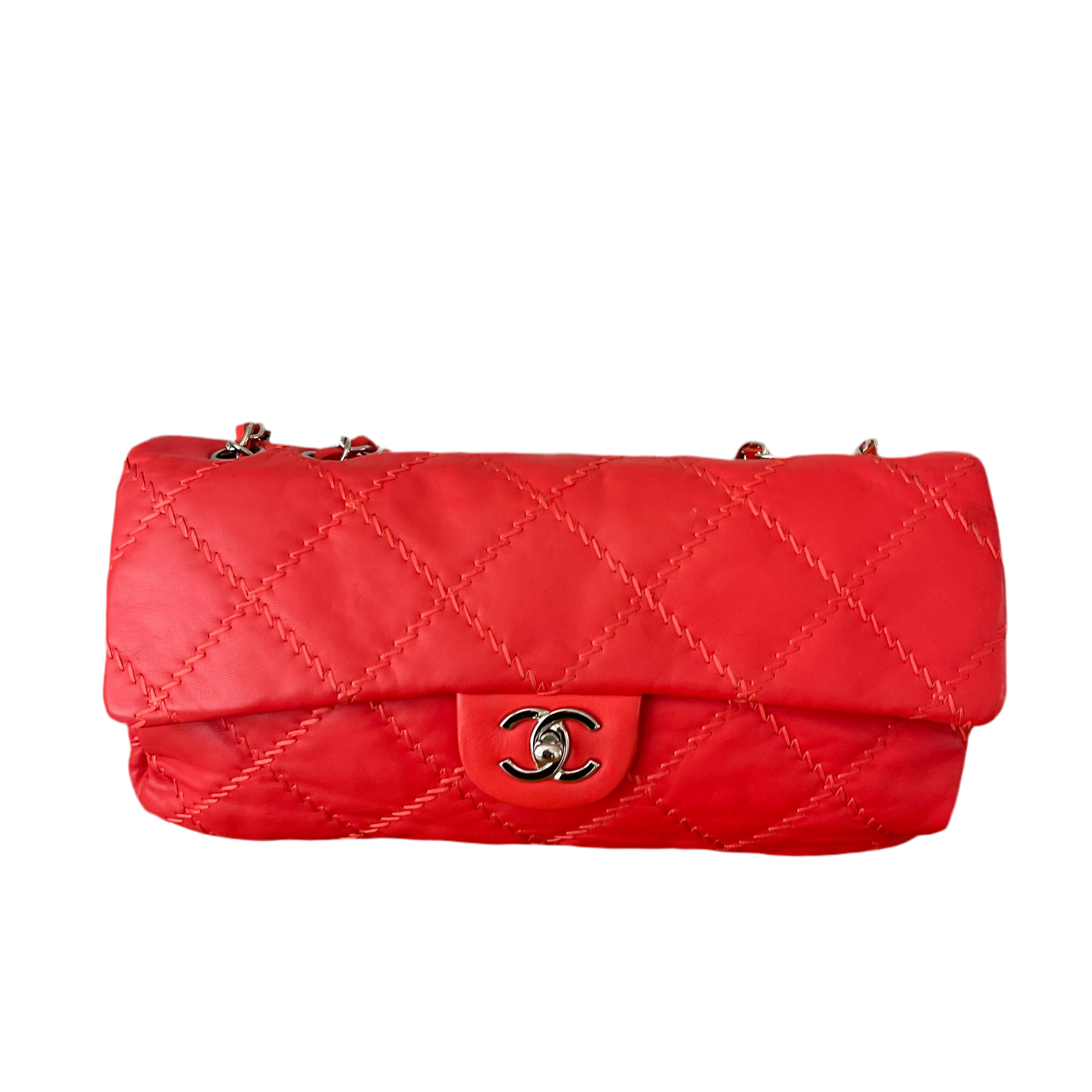 Chanel Wild Stitch Flap Red Lambskin Shoulder Bag