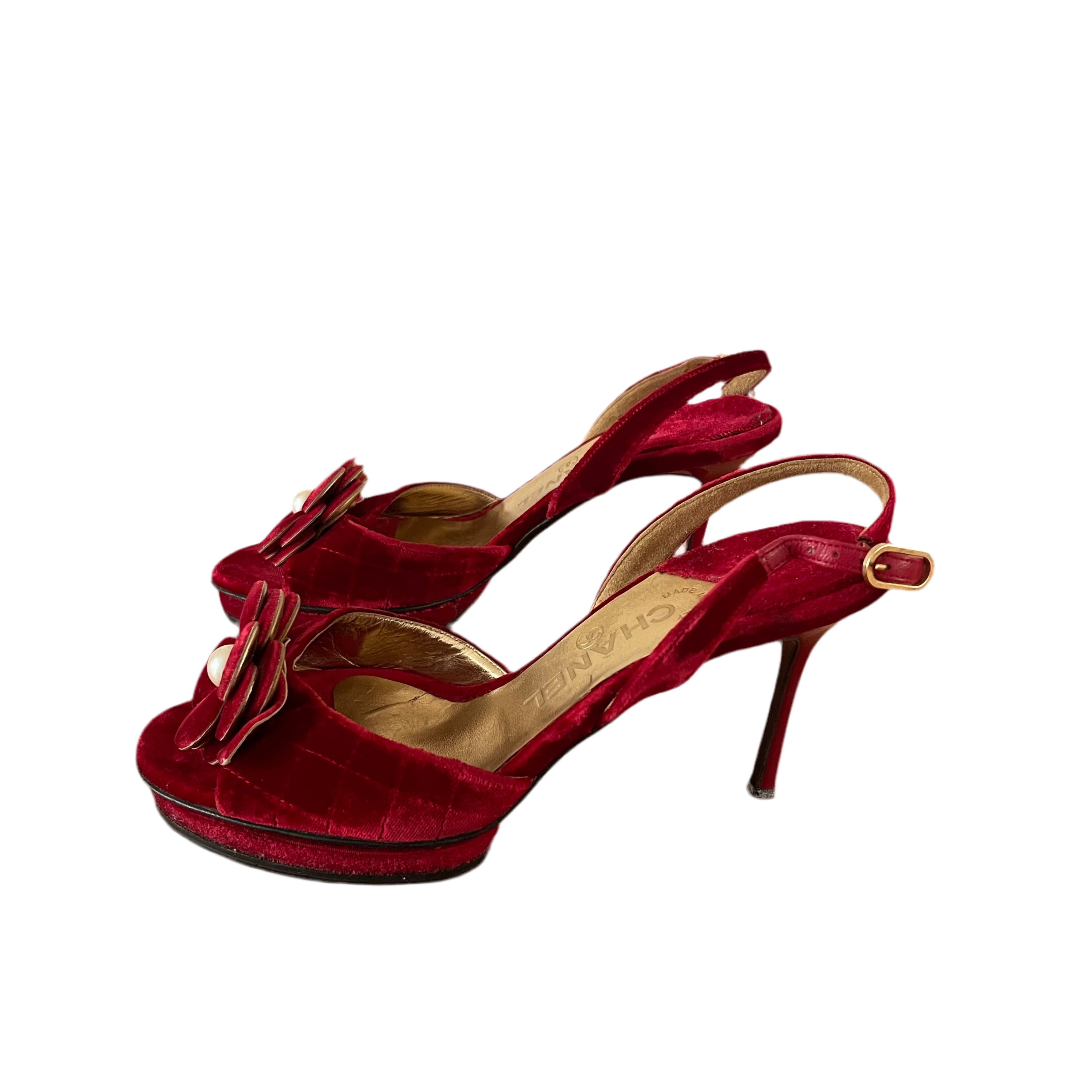 Chanel Red Floral Camellia Velvet Heels Pearl Toe