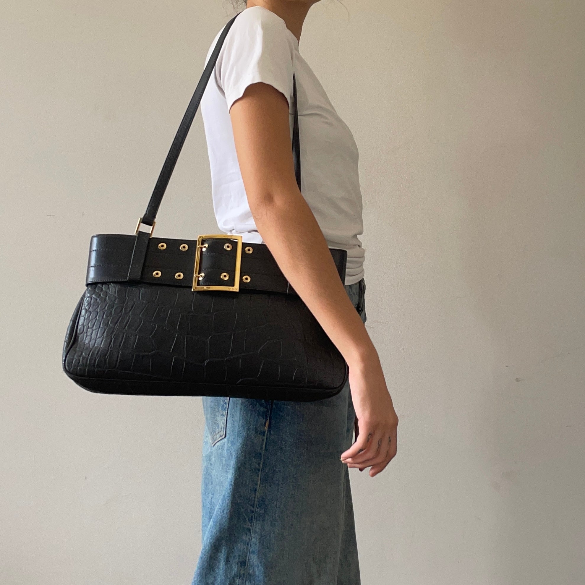 Gianni Versace Leather Croco Shoulder Bag