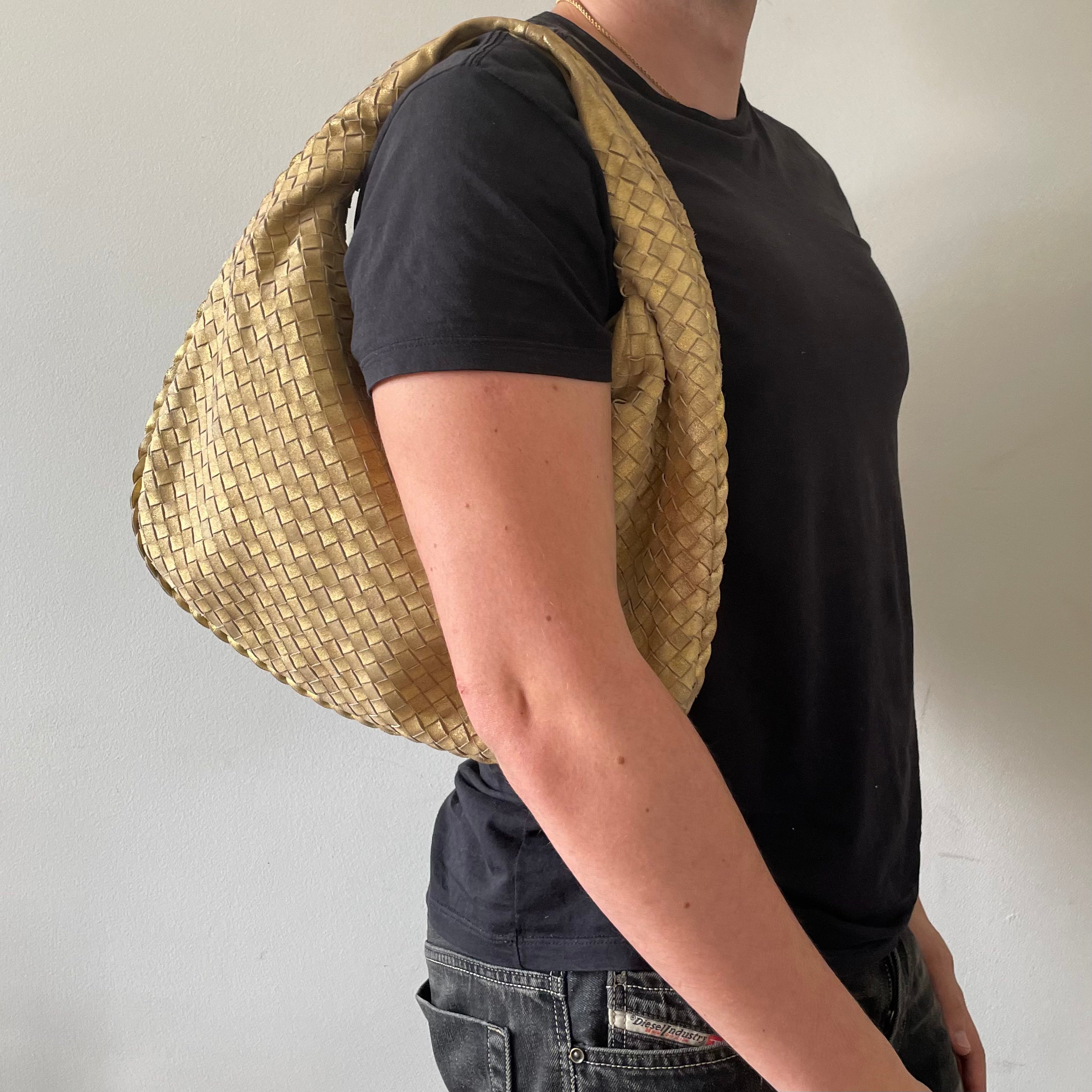 Bottega Veneta Gold Suede Intrecciato Hobo