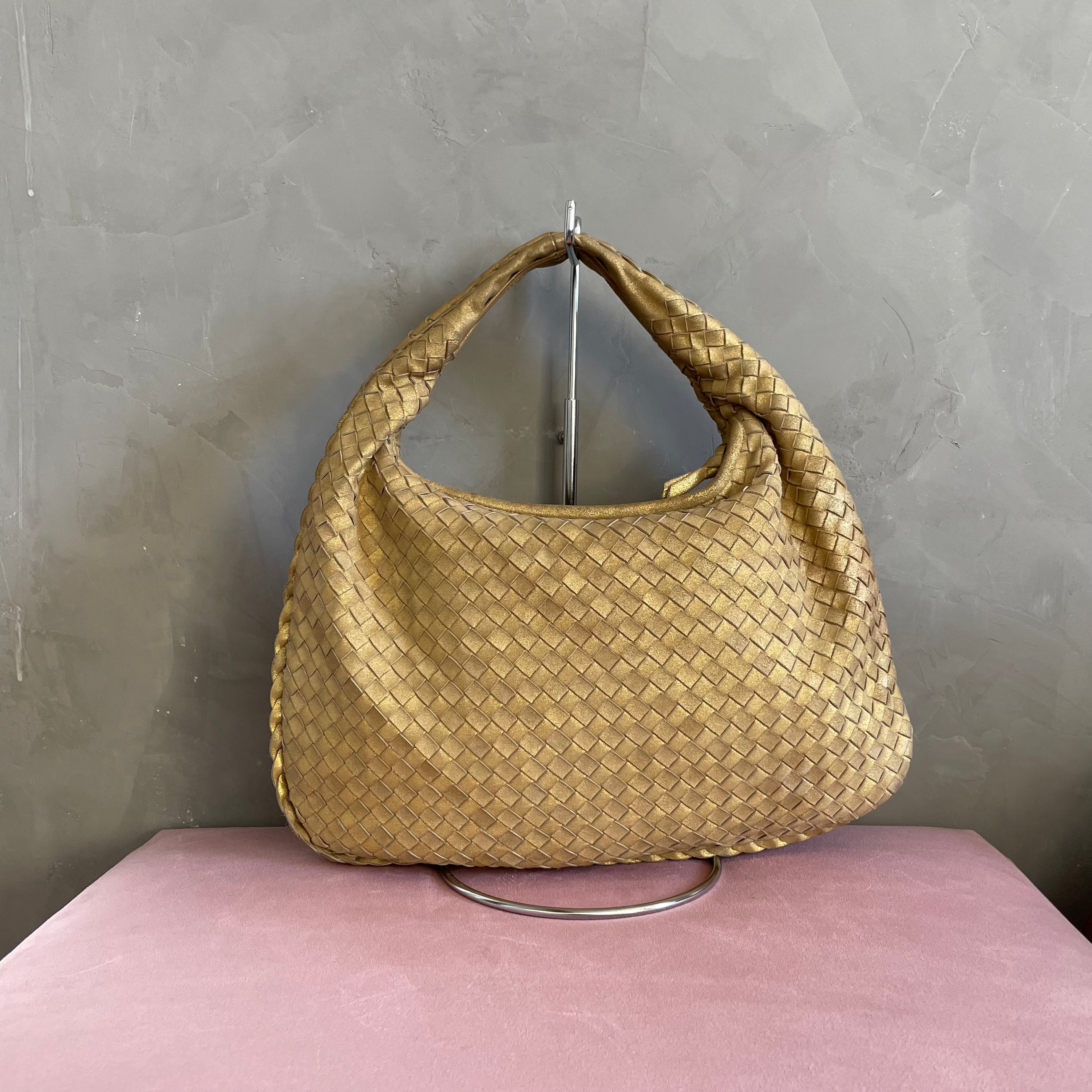 Bottega Veneta Gold Suede Intrecciato Hobo