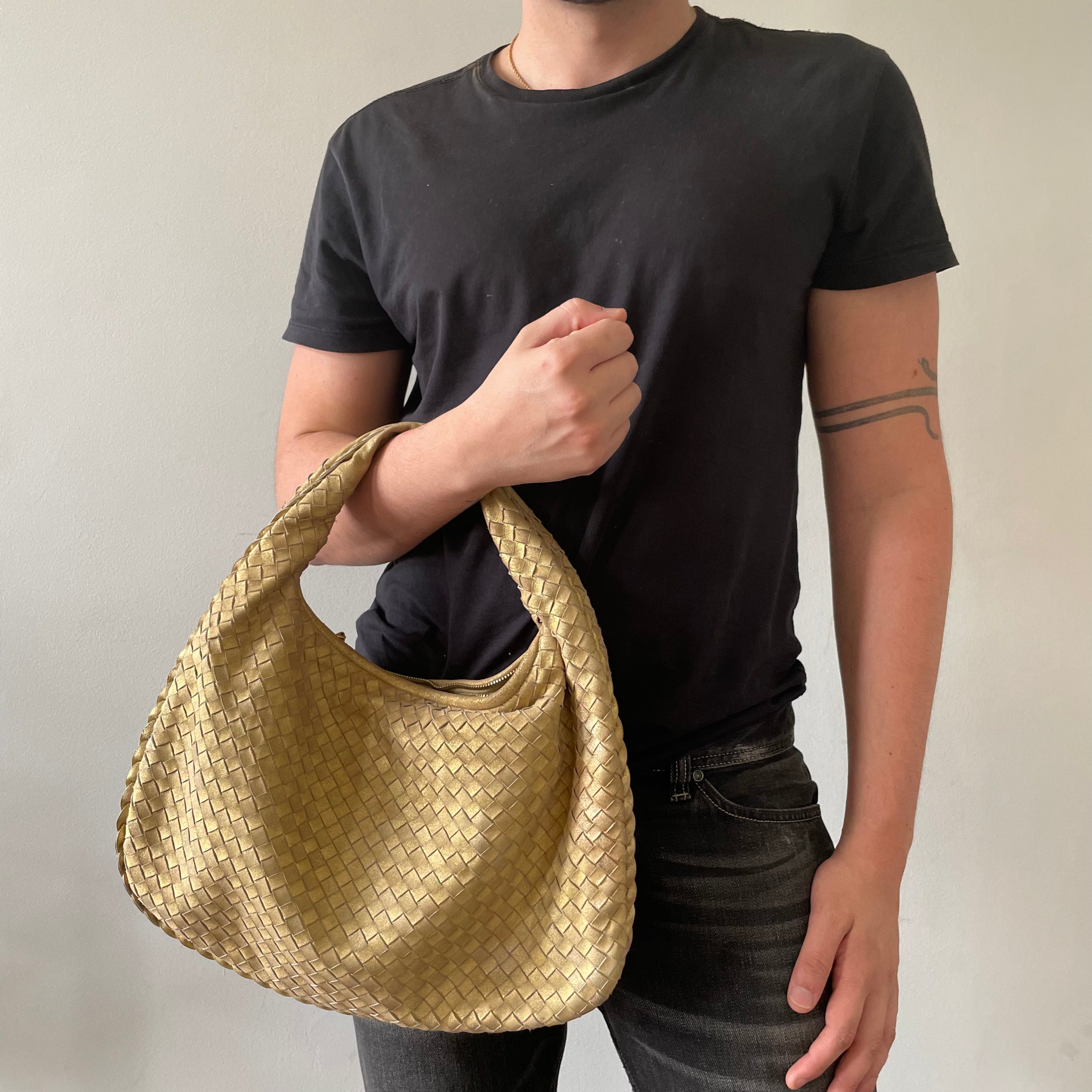 Bottega Veneta Gold Suede Intrecciato Hobo