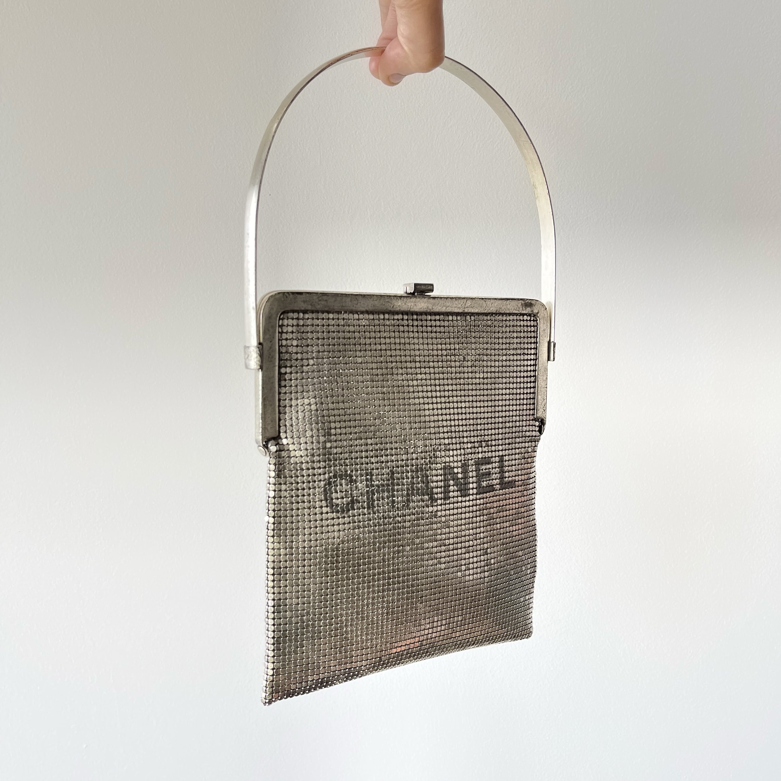 Chanel Silver Mesh Logo Handbag