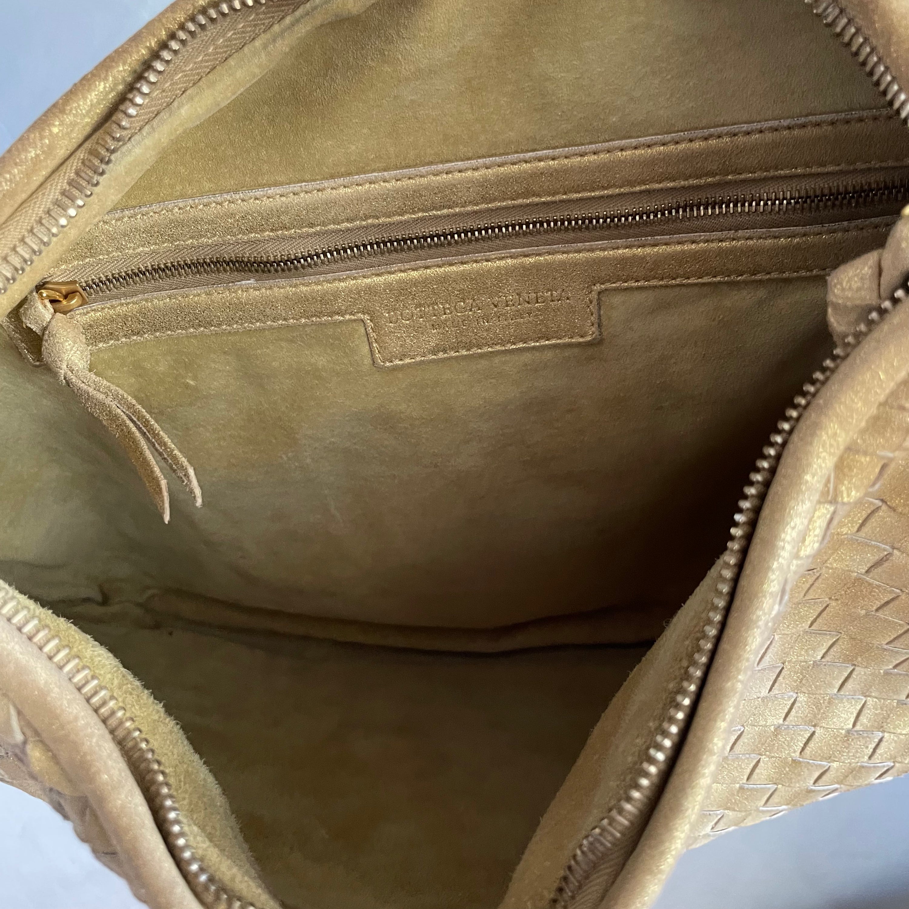 Bottega Veneta Gold Suede Intrecciato Hobo