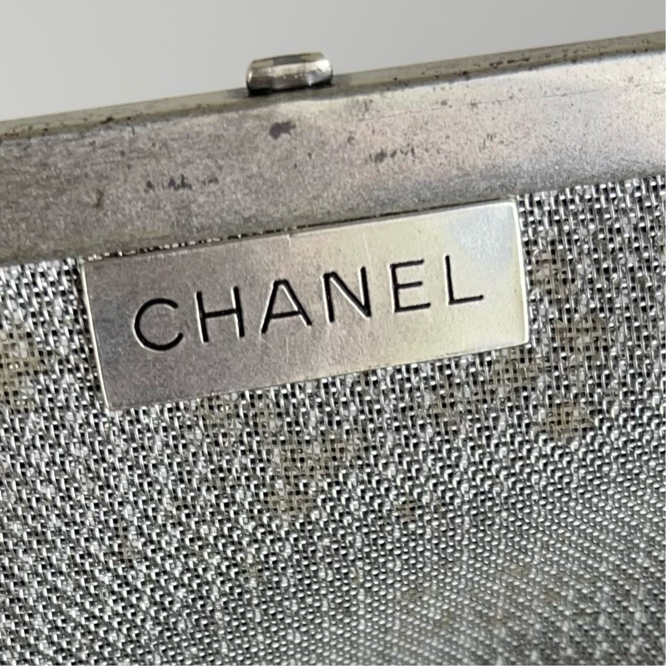 Chanel Silver Mesh Logo Handbag