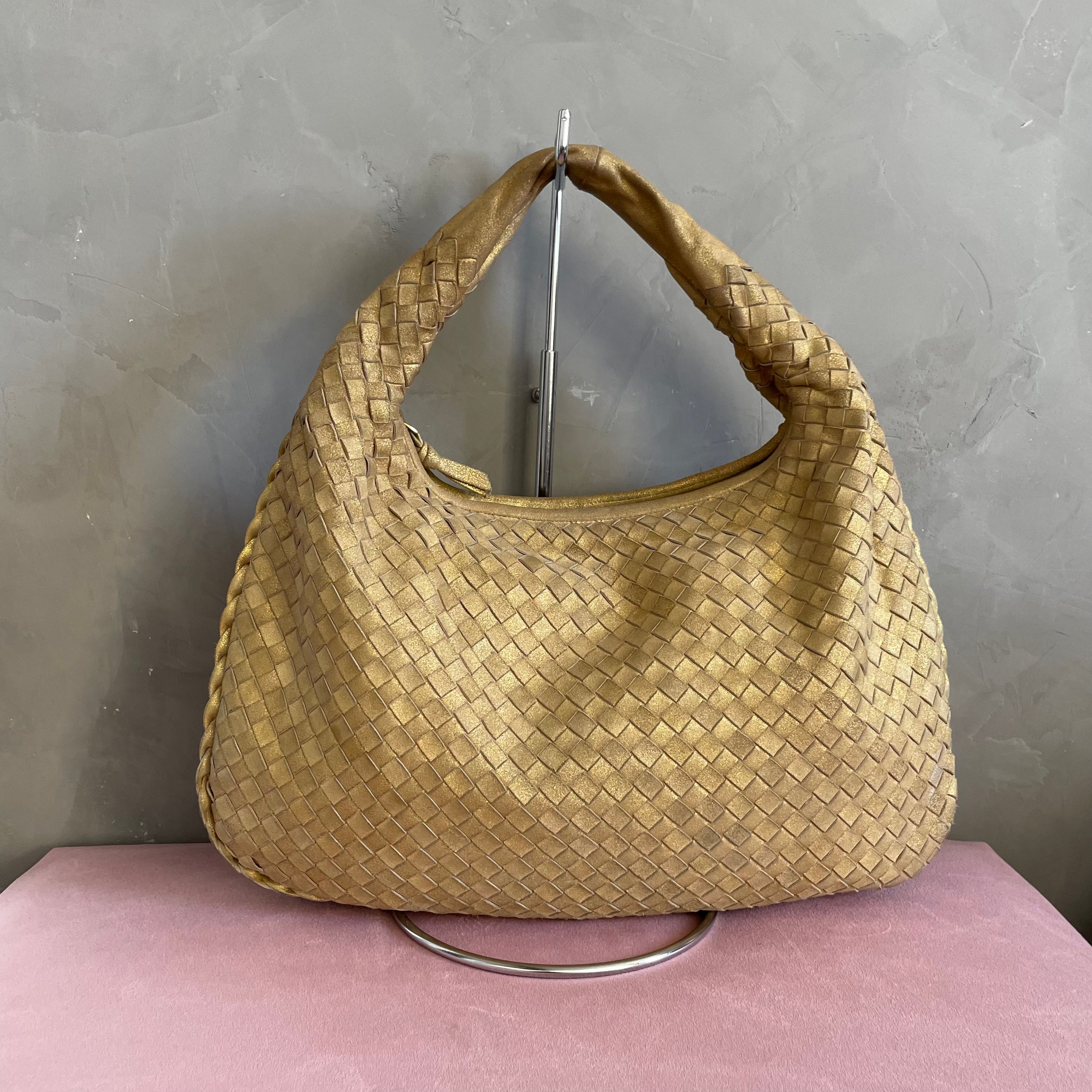Bottega Veneta Gold Suede Intrecciato Hobo